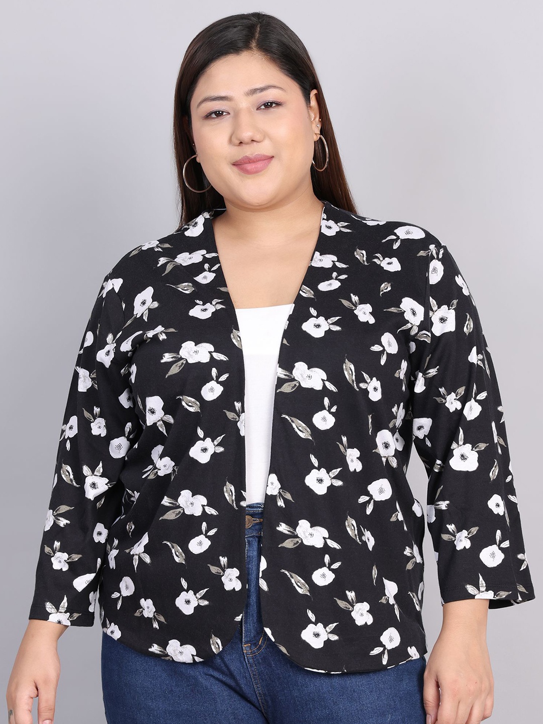 

Rute Plus Size Floral Printed Pure Cotton Open Front Shrug, Black