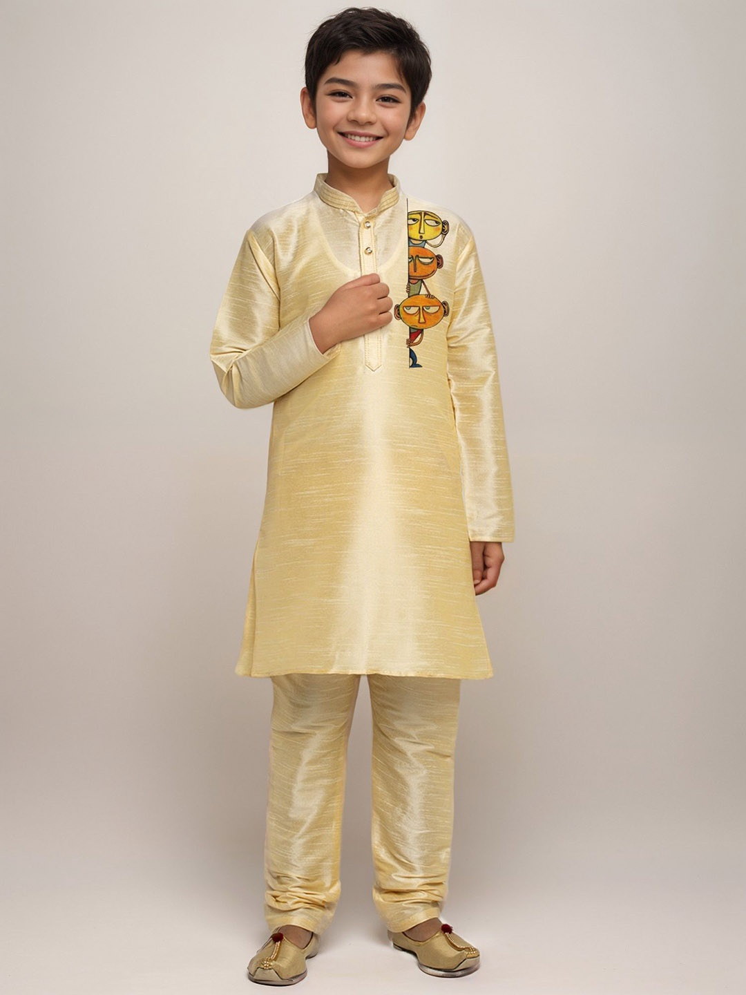 

DEVOILER Boys Mandarin Collar Dupion Silk Straight Kurta With Churidar, Beige