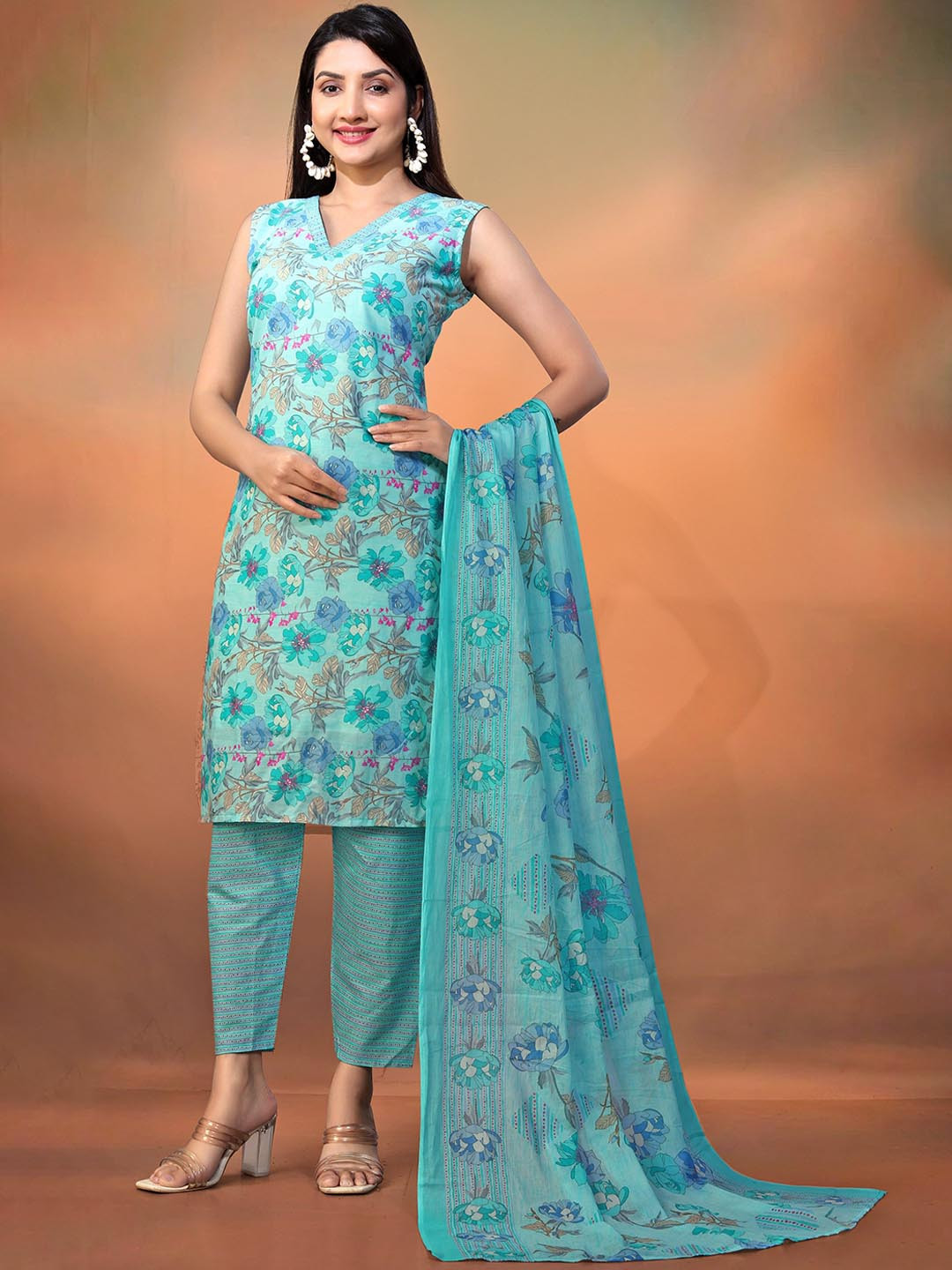 

VARNI FABRICS Floral Foil Printed V-Neck Sleeveless Straight Kurta With Churidar & Dupatta, Blue