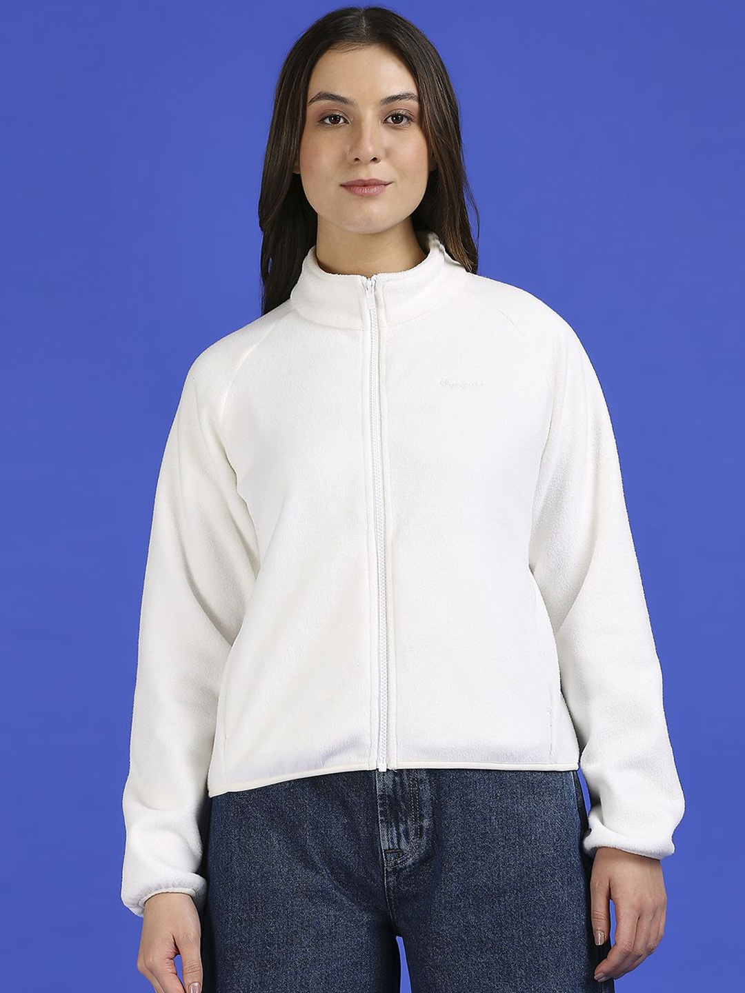 

Pepe Jeans Women Mock Collar Self Design Casual Bomber Jacket, White