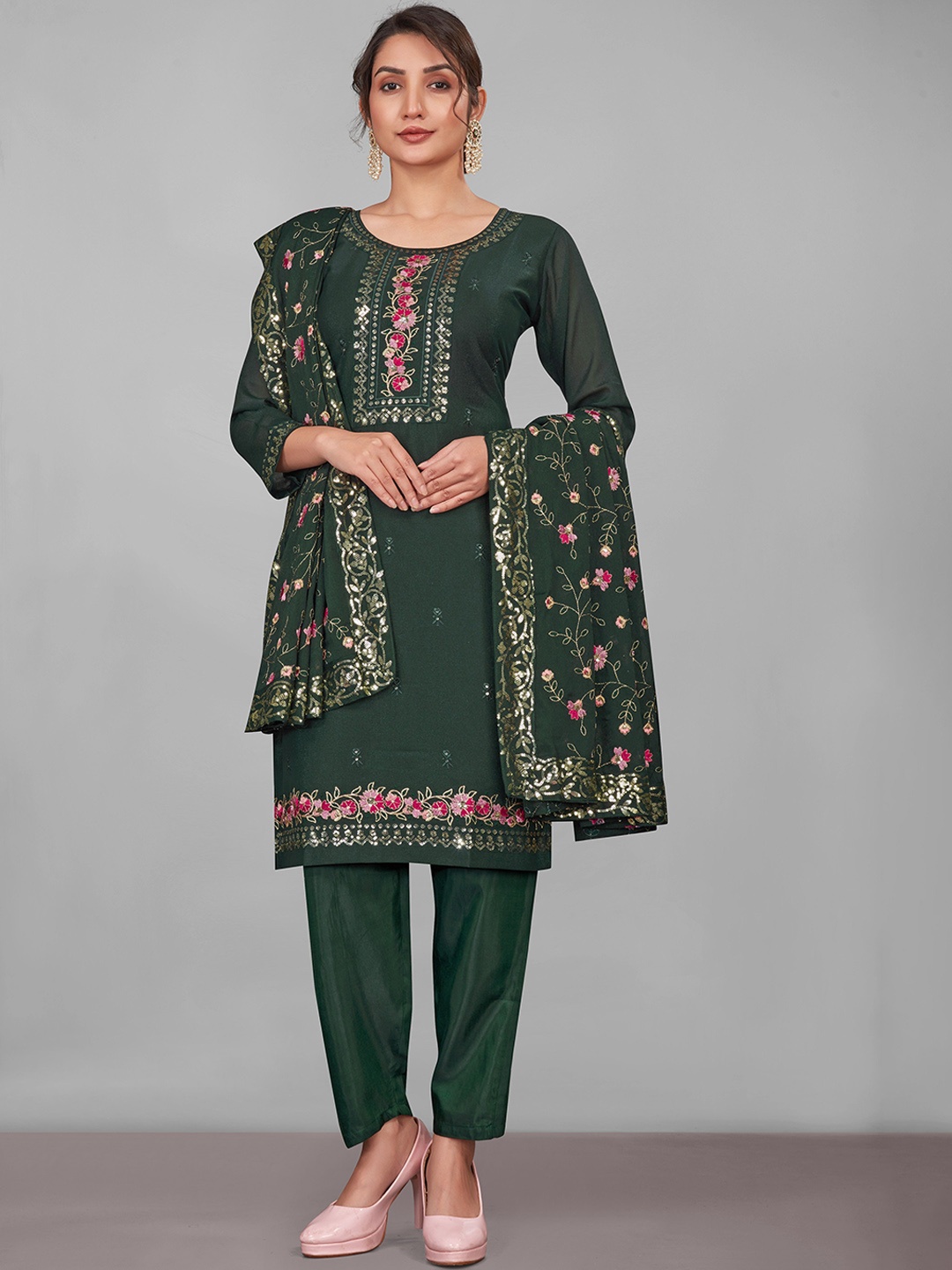 

VARNI FABRICS Ethnic Motifs Embroidered Sequined Kurta With Trousers & Dupatta, Green