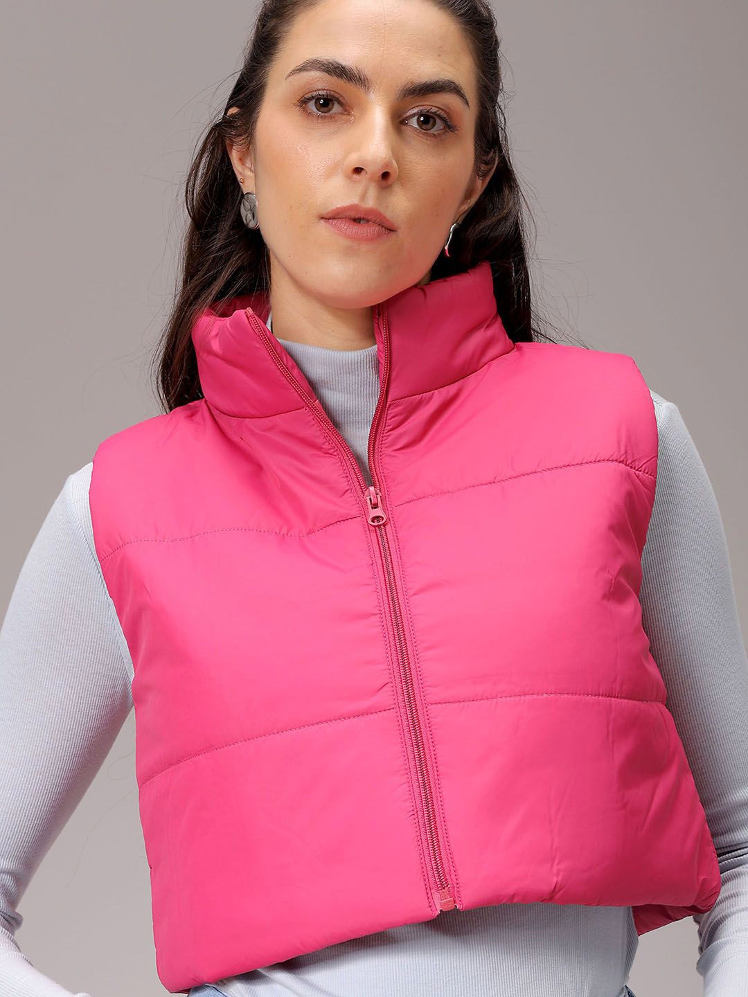 

Freehand by The Indian Garage Co Women Mock Collar Solid Casual Padded Jacket, Pink