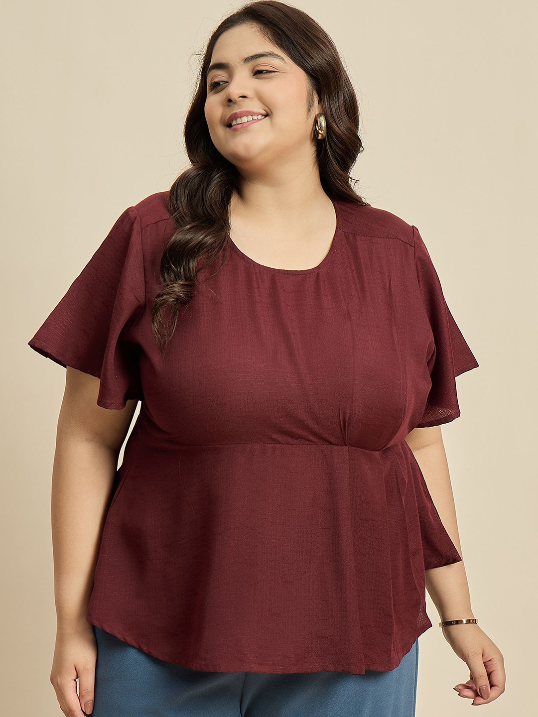 

Sztori Women Plus Size Round Neck Short Sleeves Flared Sleeve Top, Maroon