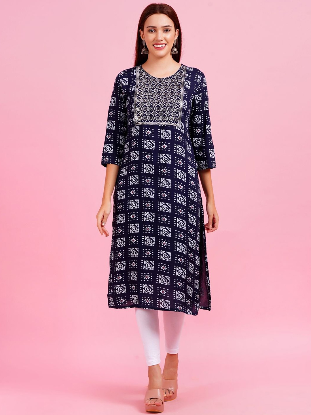 

HIGHLIGHT FASHION EXPORT Geometric Printed Round Neck Cotton Straight Kurta, Navy blue