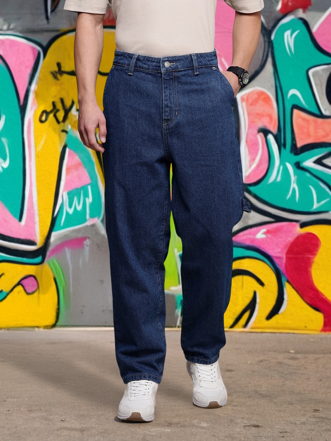 

FCUK Men Pure Cotton Loose Fit Light Fade Jeans, Blue