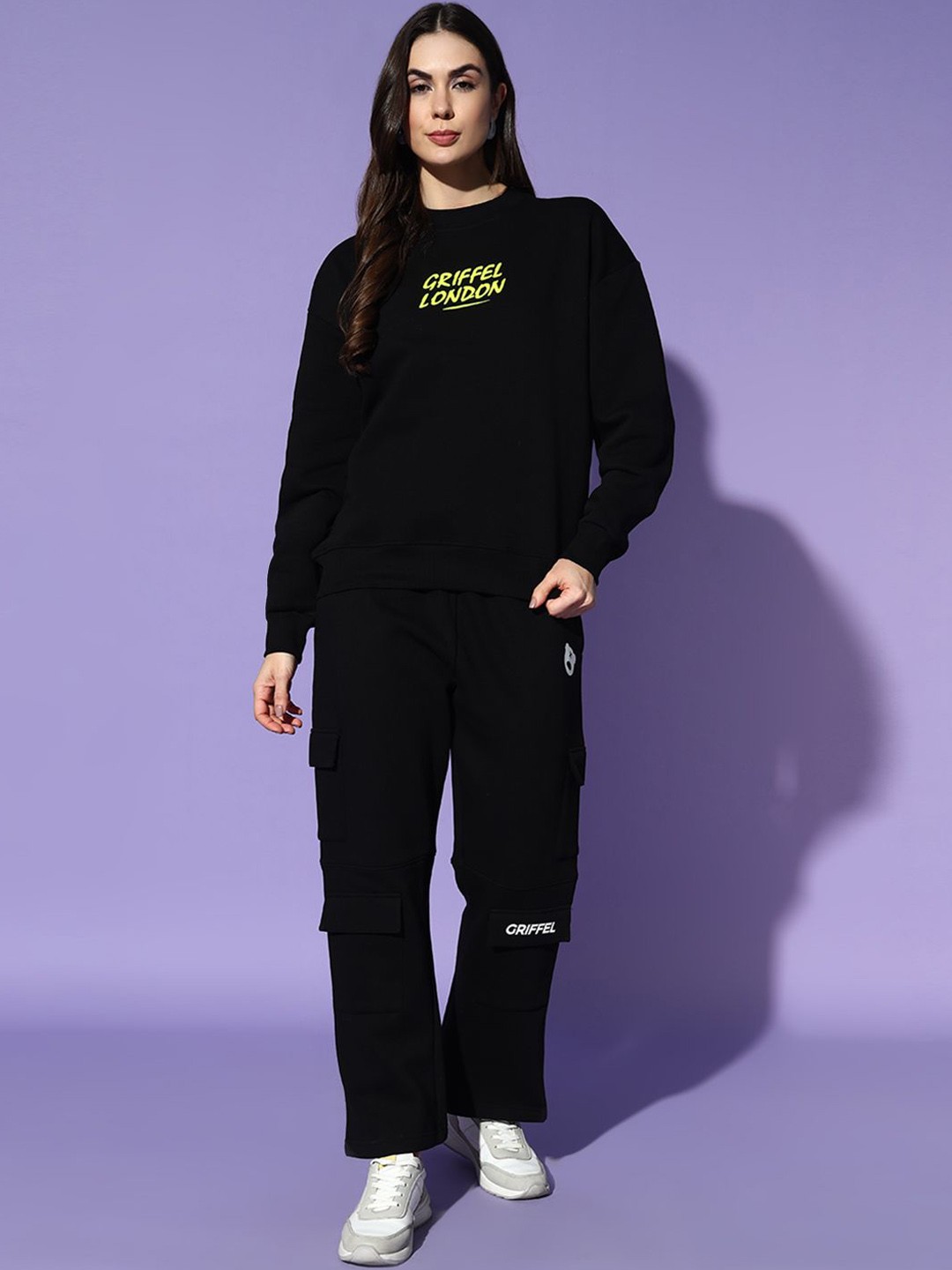 

GRIFFEL Women Printed Oversized Tracksuits, Black