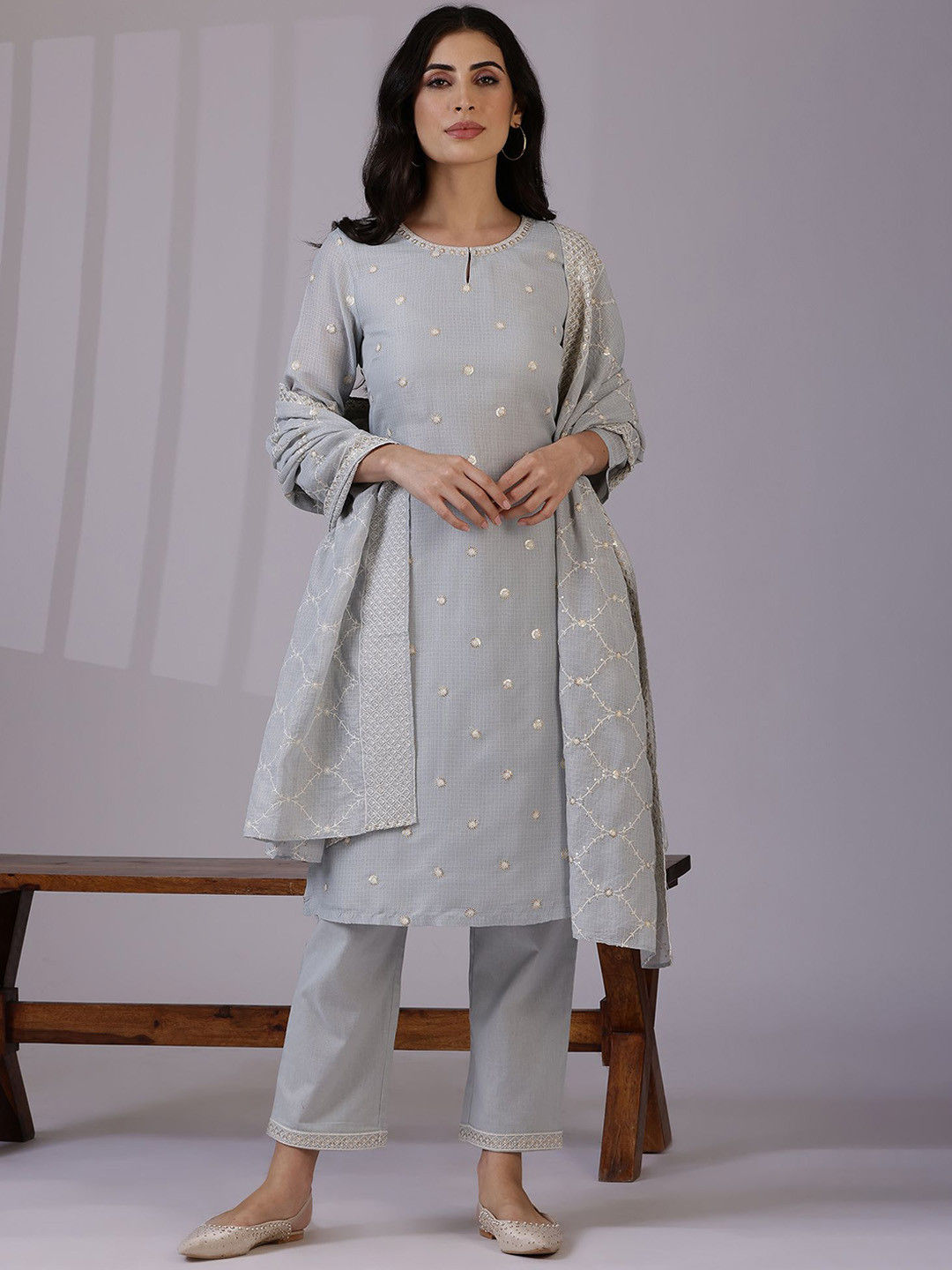 

W Blue Floral Embroidered Keyhole Neck Regular Straight Kurta With Trouser With Dupatta