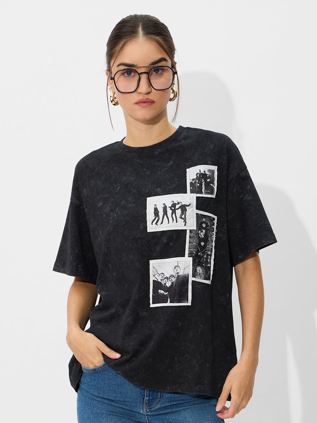 

The Souled Store Women Graphic Printed Round Neck Cotton Oversized T-shirt, Black