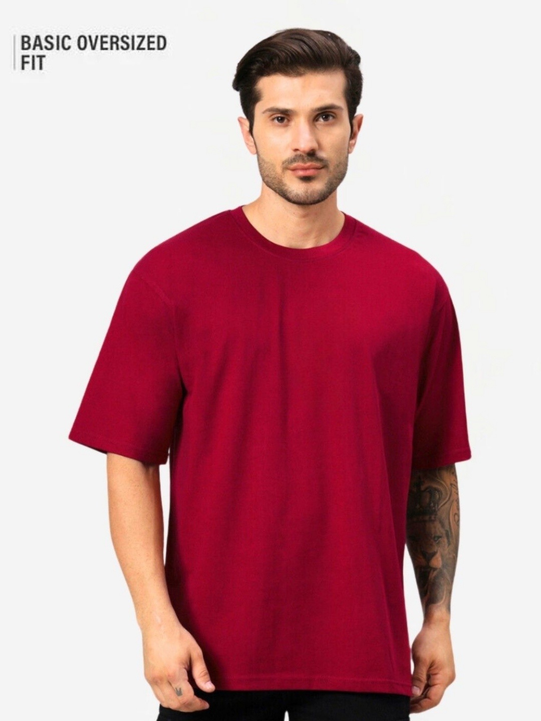 

URBANICE Men Solid Round Neck Cotton Oversized T-shirt, Maroon