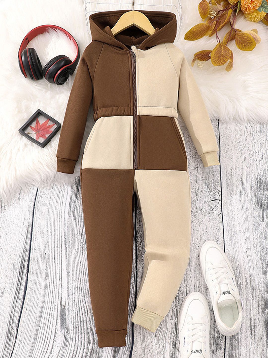 

INCLUD Girls Colourblocked Long Sleeve Hooded Jumpsuit, Brown