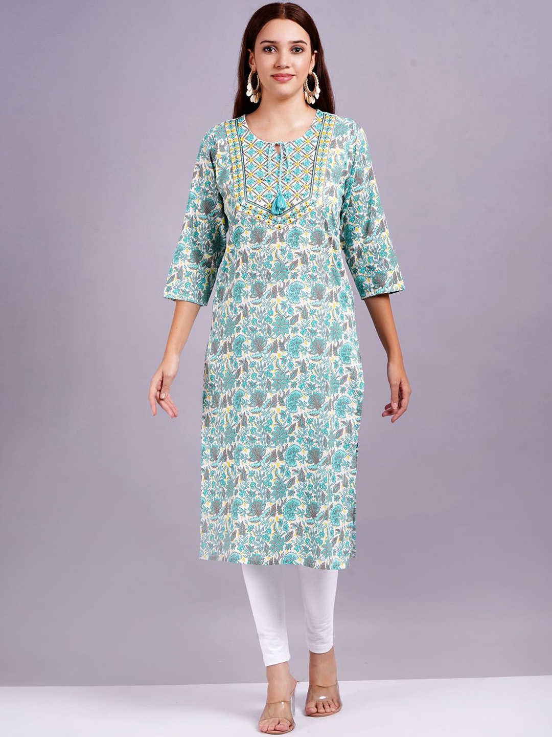 

KALINI Floral Printed Mirror Work Tie-Up Neck Cotton Straight Kurta, Blue