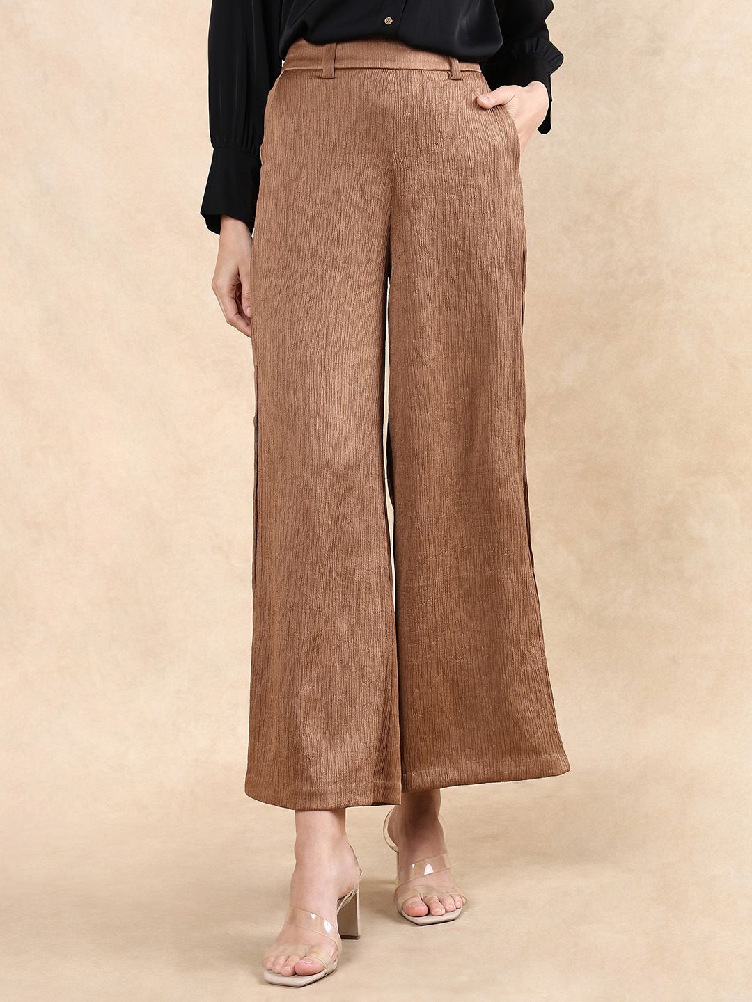 

RAREISM Women Tailored Loose Fit High-Rise Cotton Wide Leg Trousers, Brown