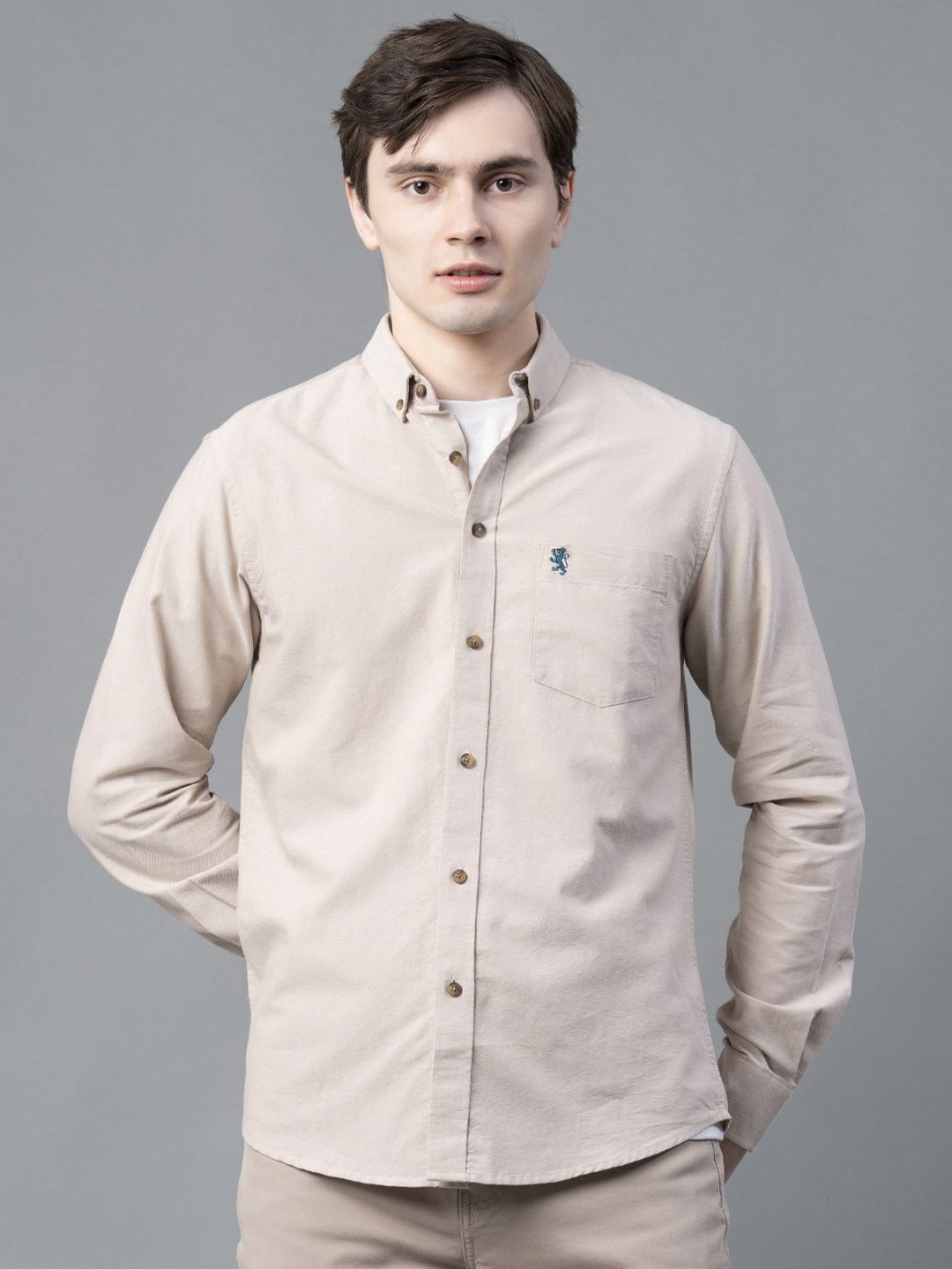 

Red Tape Men Button-Down Collar Solid Cotton Casual Shirt, Beige
