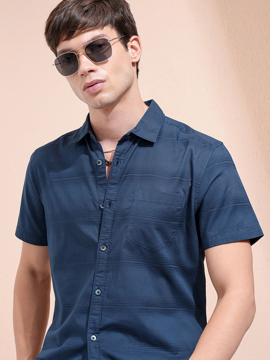 

Highlander Men Dobby Textured Striped Casual Shirt, Blue