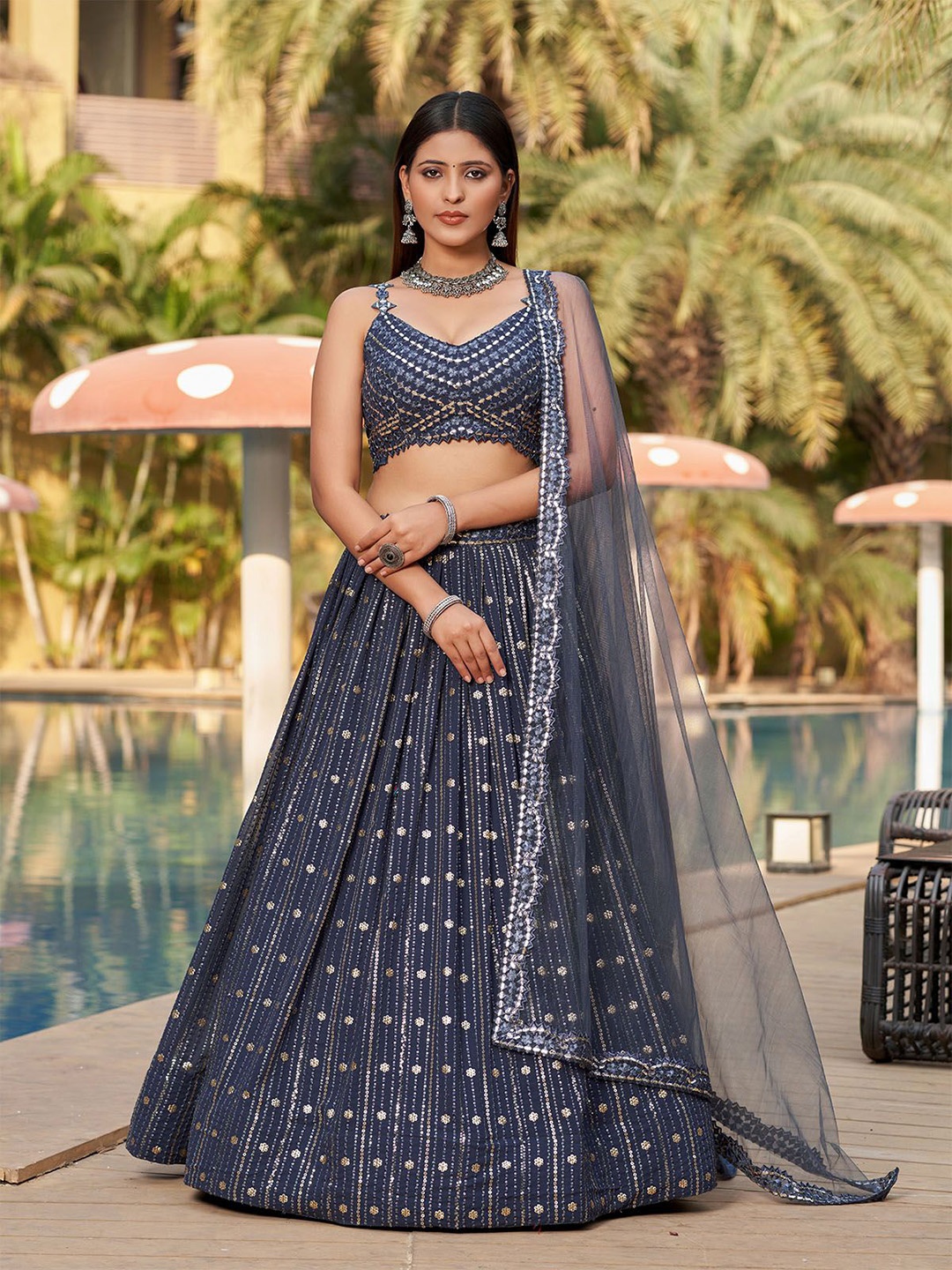 

ODETTE Embellished Mirror Work Semi-Stitched Lehenga & Unstitched Blouse With Dupatta, Grey