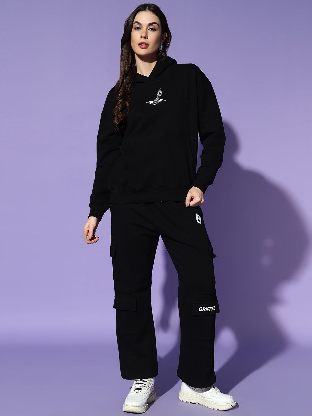 

GRIFFEL Women Graphic Printed Oversized Tracksuits, Black