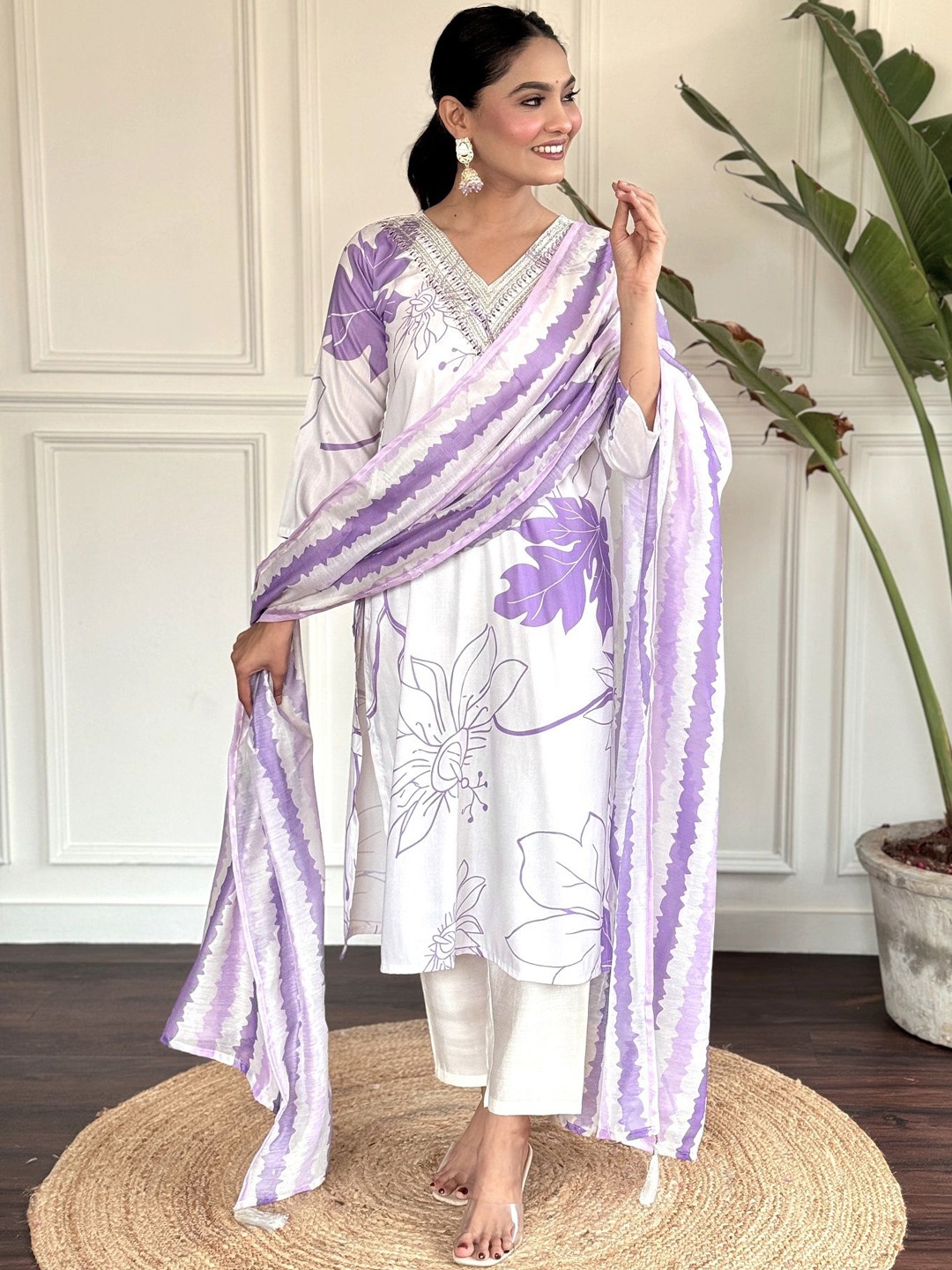 

KALINI Floral Printed V-Neck Straight Kurta with Trouser & Dupatta, White