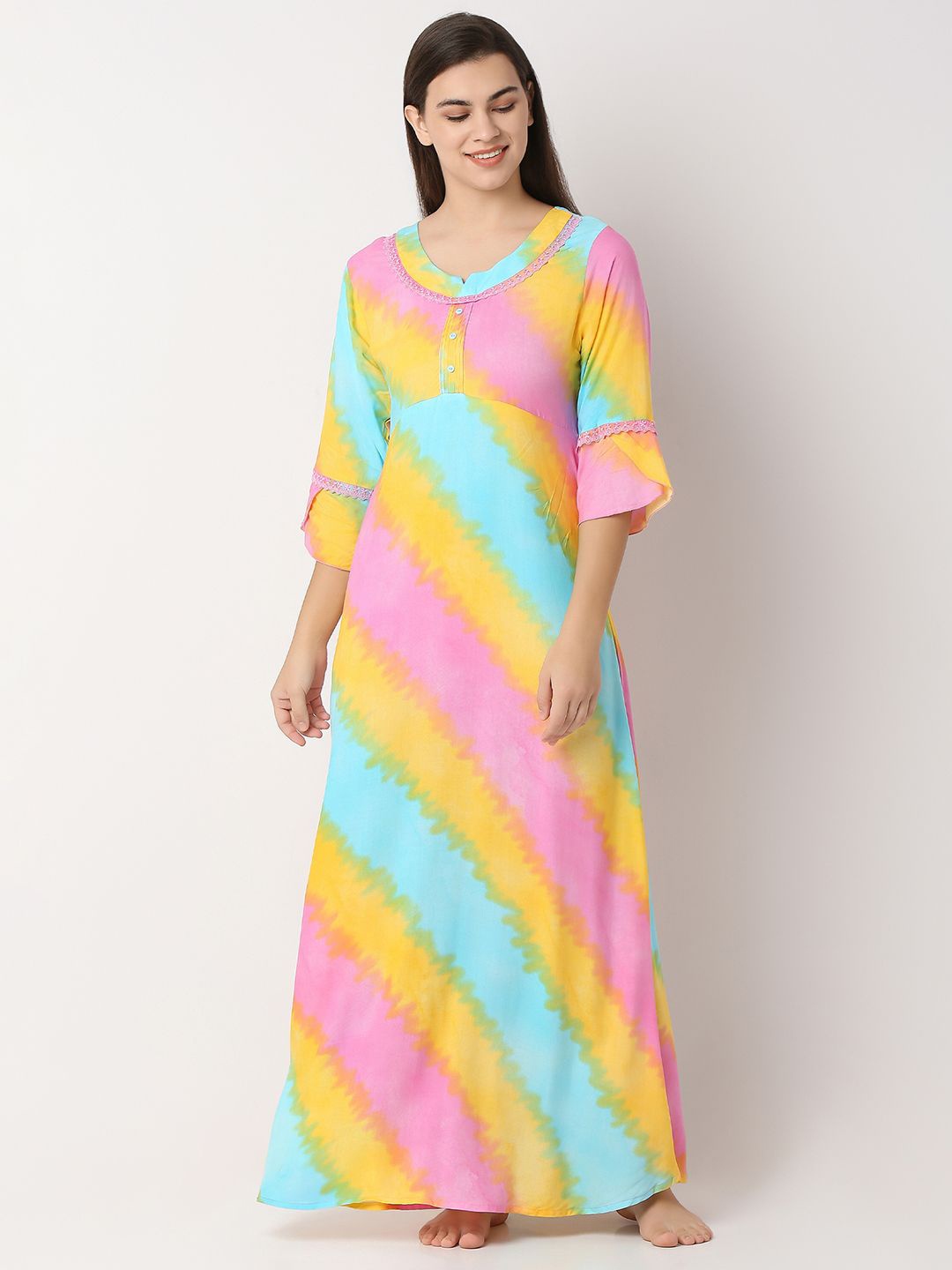 

Juliet Women Colourblocked Printed Maxi Nightdress, Pink