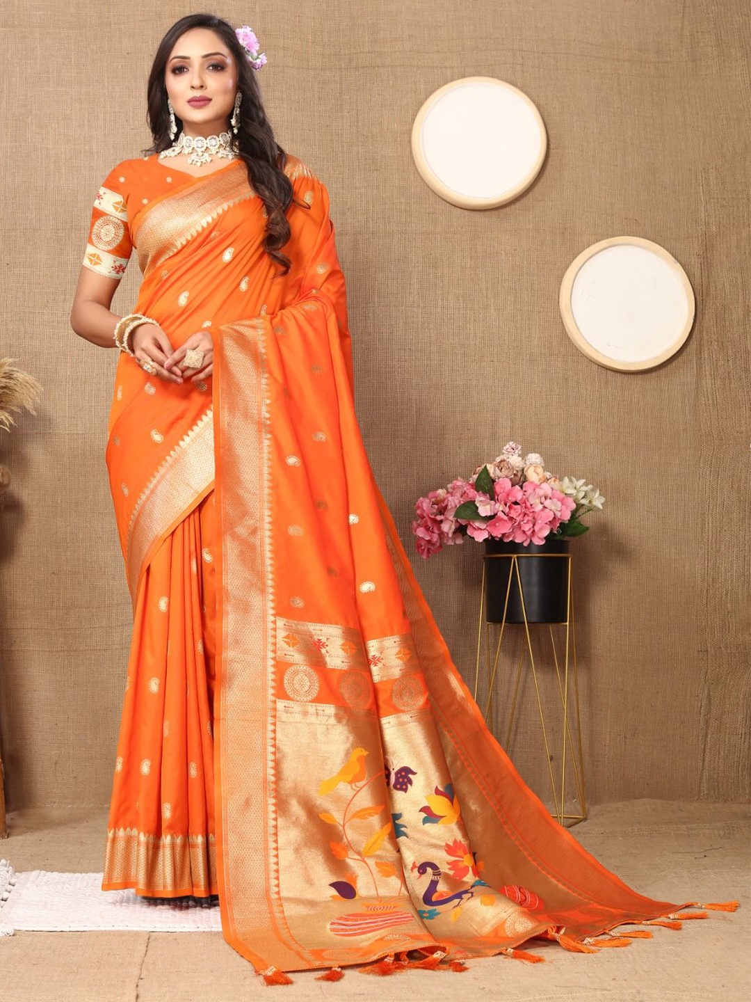 

KALINDI Ethnic Motifs Woven Design Zari Paithani Saree, Peach