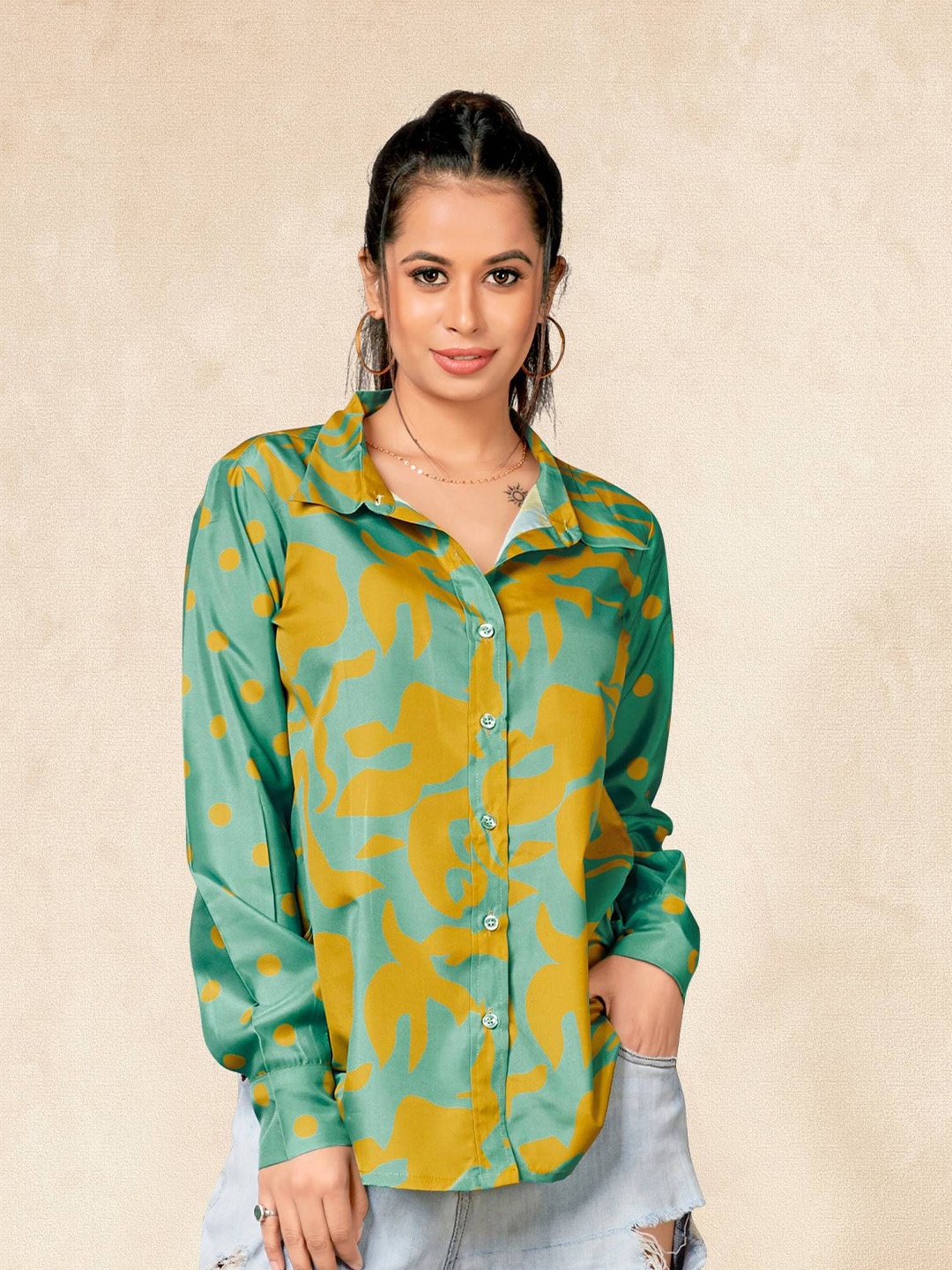 

COLORCART Women Classic Spread Collar Abstract Printed Oversized Casual Shirt, Grey