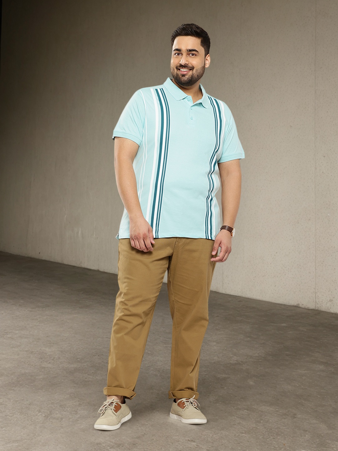 

Sztori Plus Size Striped Polo Collar Pure Cotton T-shirt, Blue