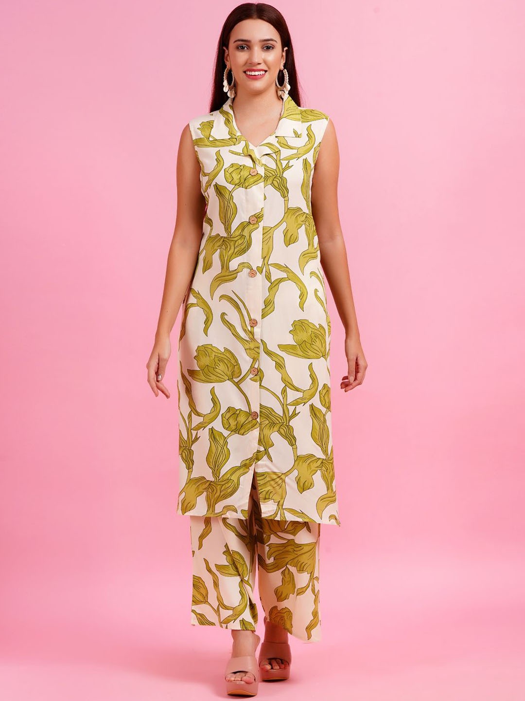 

KALINI Floral Printed Lapel Collar Sleeveless Top With Trouser, Green