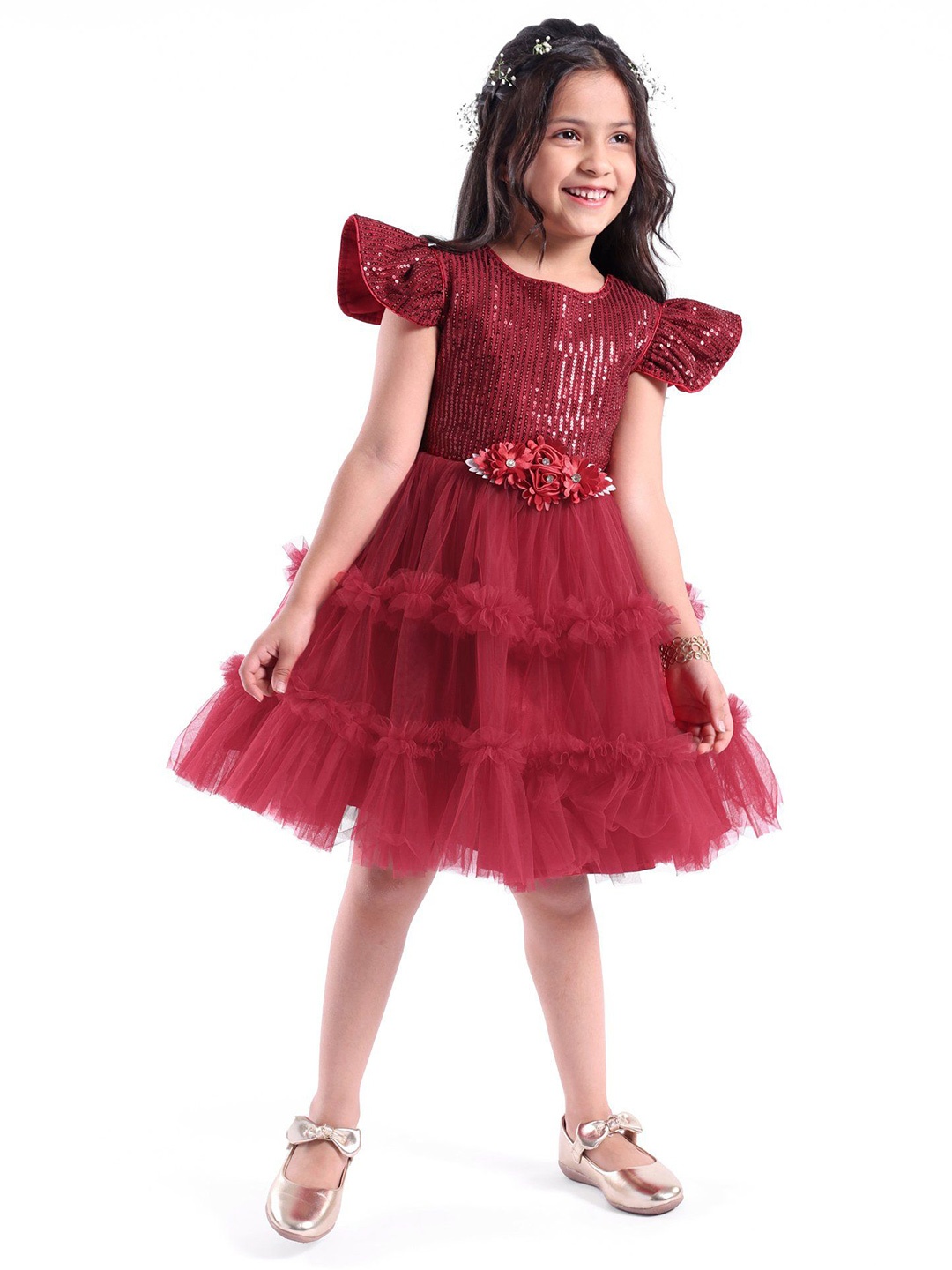 

Mark & Mia Girls Embellished Round Neck Flutter Sleeves Fit and Flare Dress, Maroon