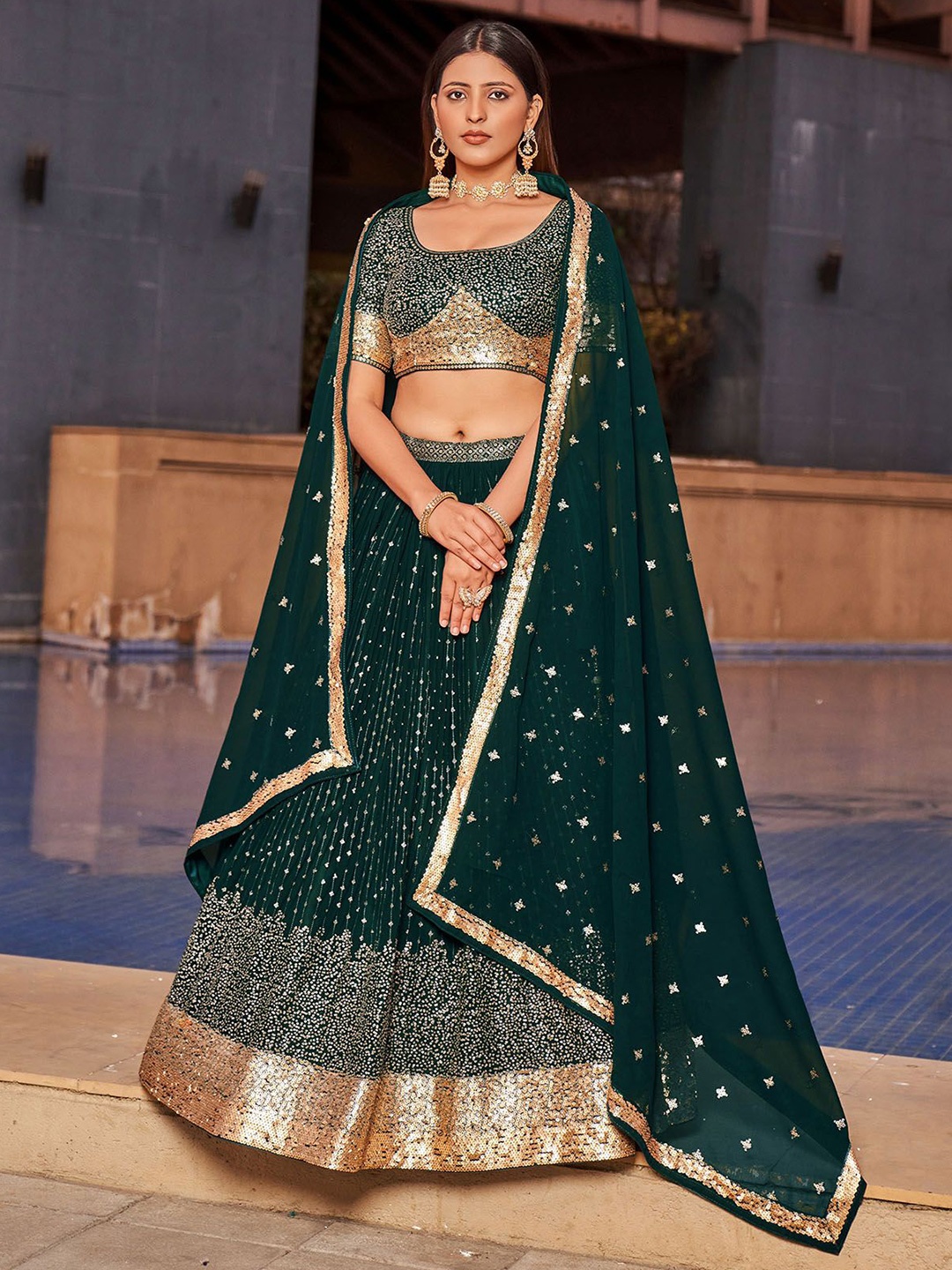 

ODETTE Embellished Semi-Stitched Lehenga & Unstitched Blouse With Dupatta, Green
