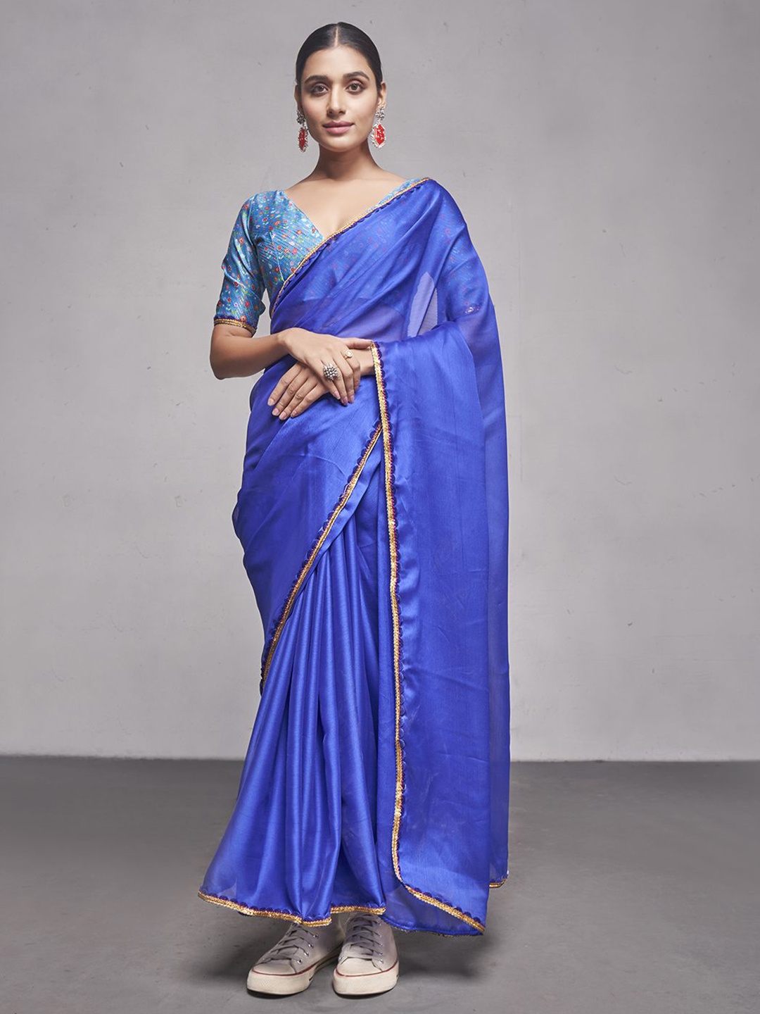 

Kalista Women Solid Pure Chiffon Ready to Wear Saree, Blue