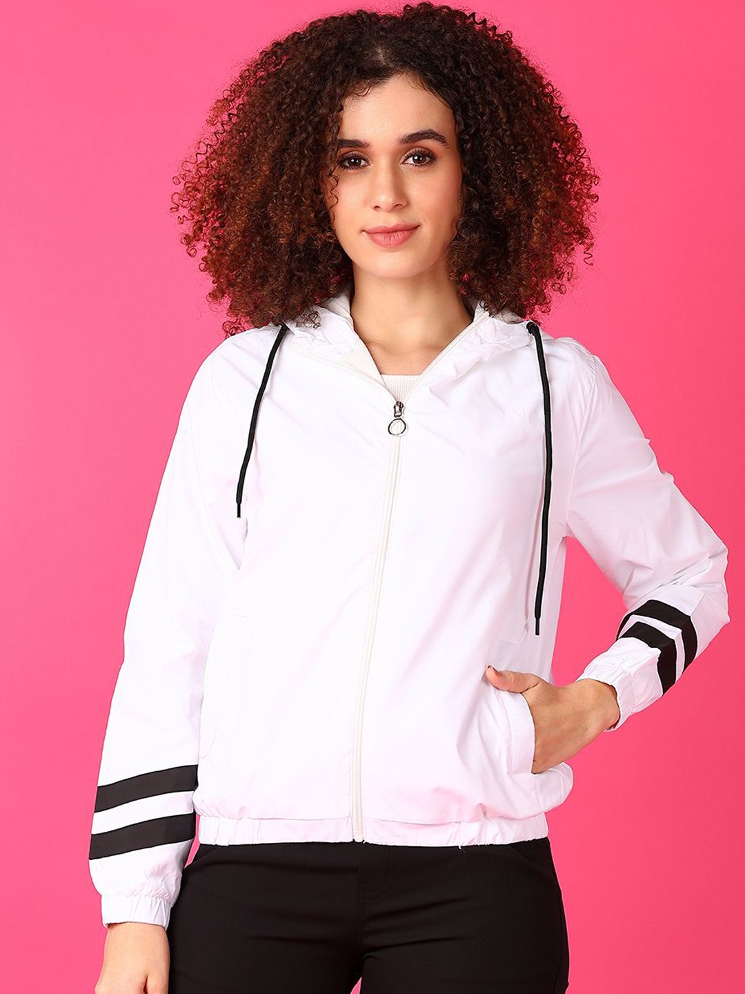 

V-Mart Women Hooded Striped Cotton Casual Bomber Jacket, White