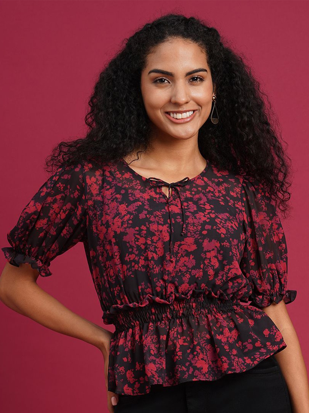 

all about you Georgette Printed Cinched Waist Tops, Black