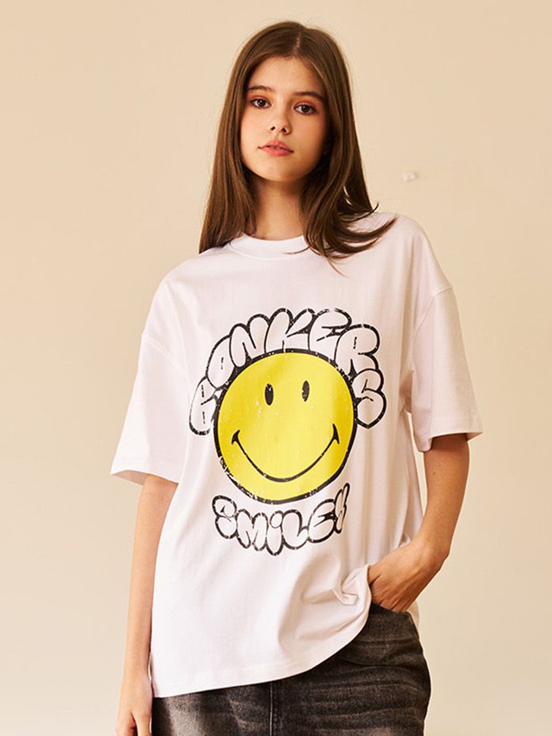 

Bonkers Corner Women Graphic Printed Round Neck Cotton Oversized T-shirt, White