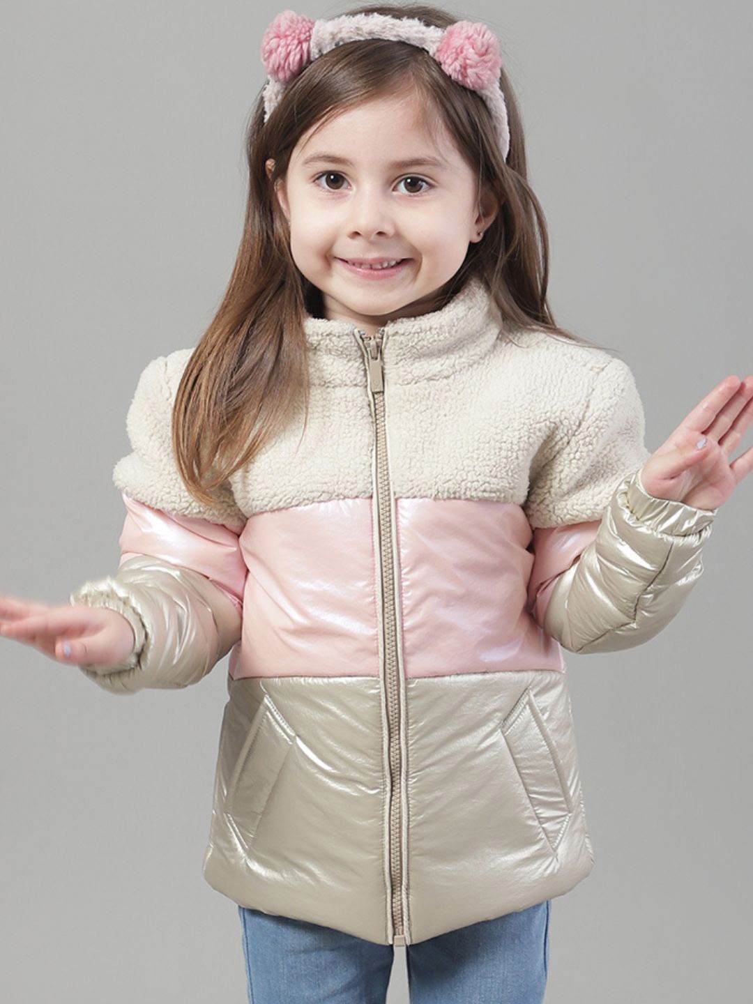 

HOUSE OF VEDAS Girls Mock Collar Colourblocked Casual Padded Jacket, Pink