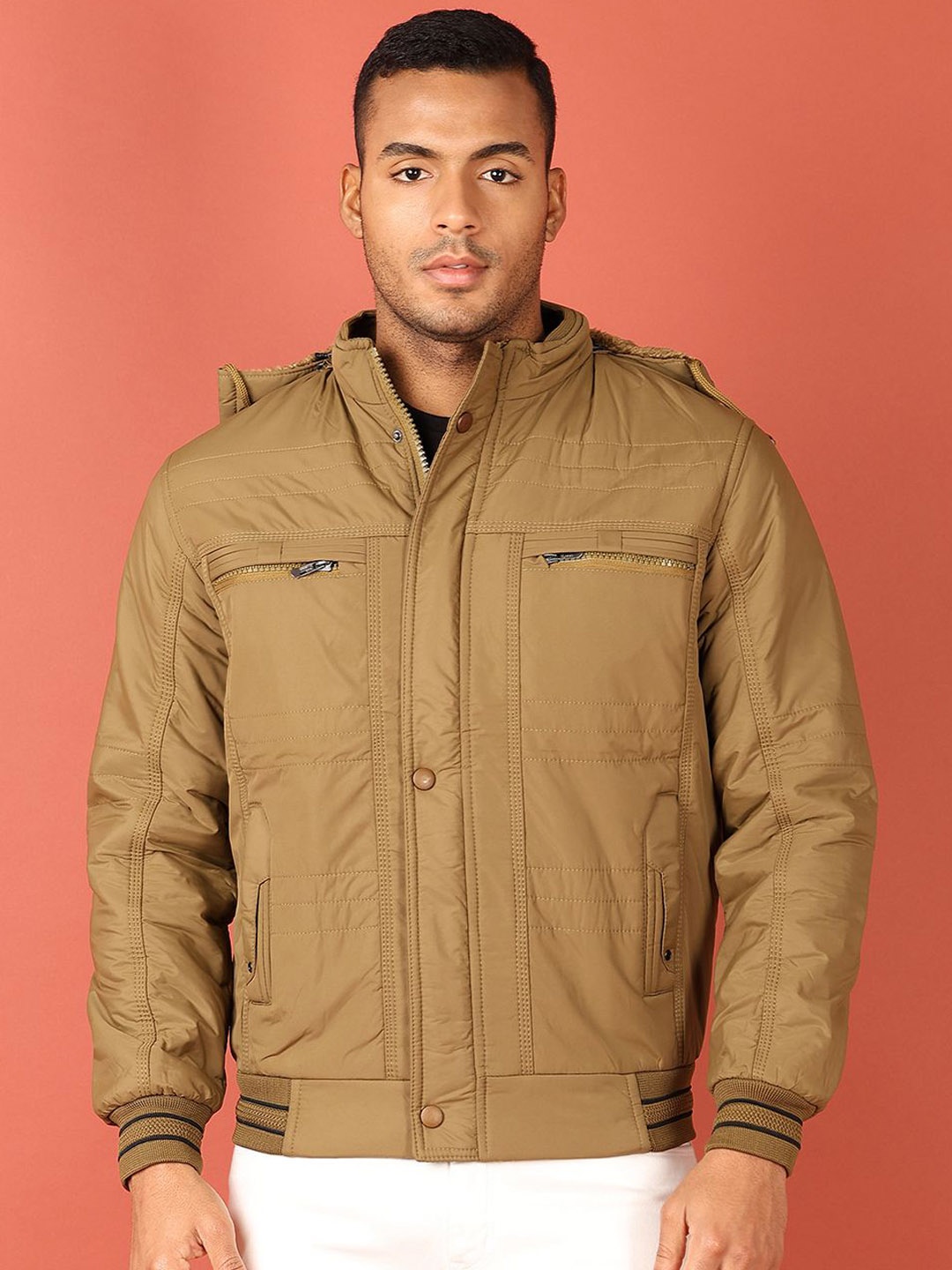 

V-Mart Men Hooded Solid Cotton Casual Bomber Jacket, Khaki