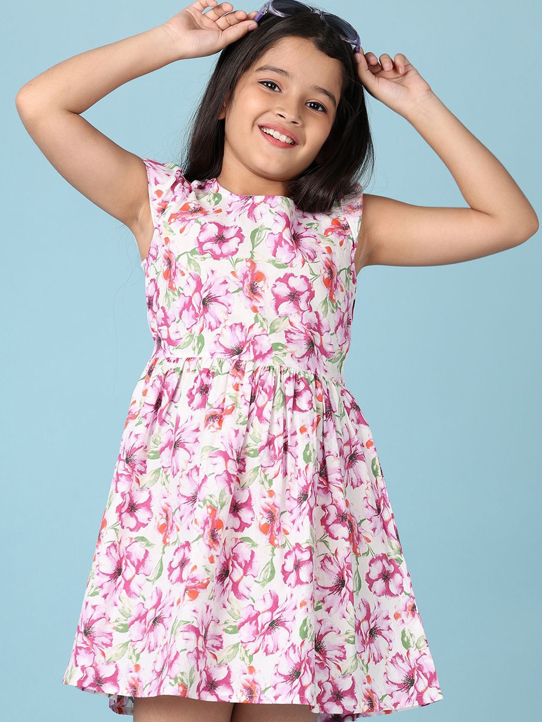 

V-Mart White Cotton Floral Print Round Neck Sleeveless Fit & Flare Dress