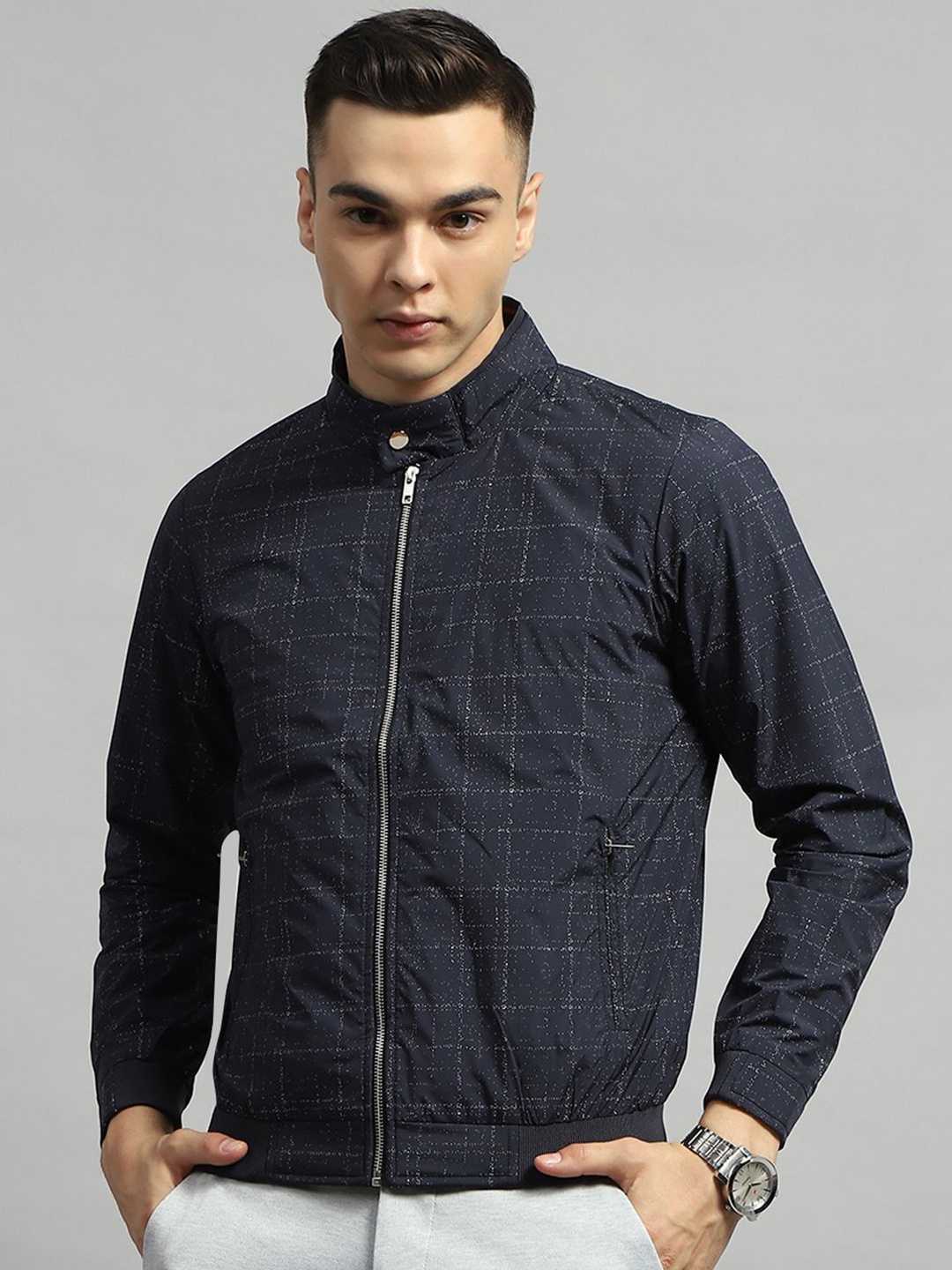 

Monte Carlo Men Mock Collar Checked Cotton Casual Open Front Jacket, Navy blue