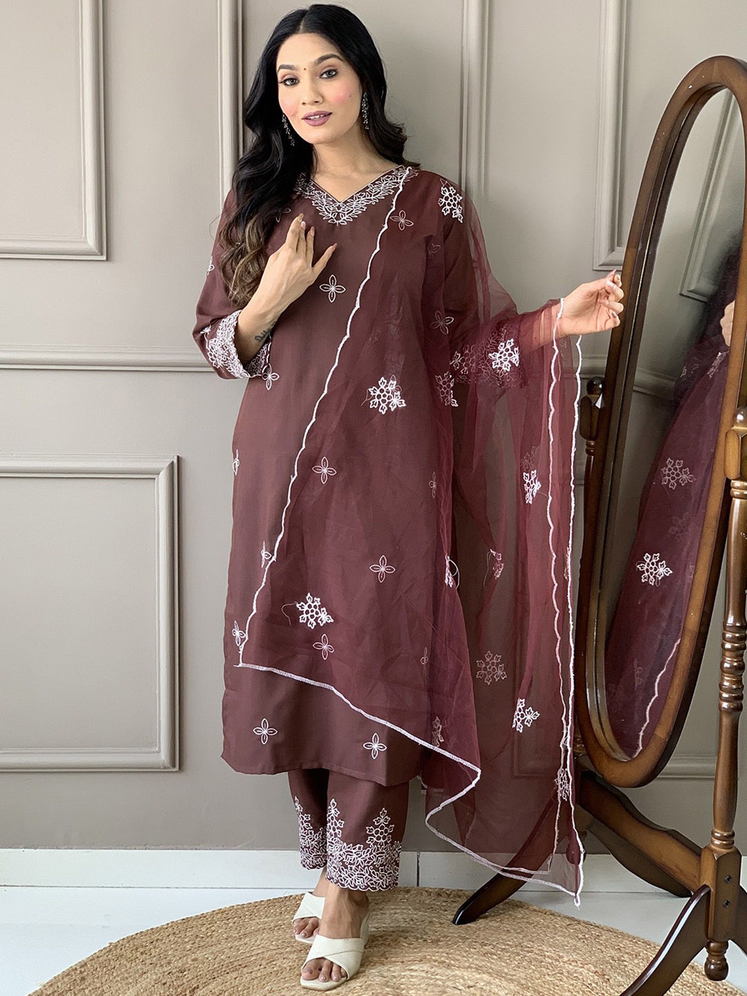 

KALINI Floral Embroidered Thread Work Kurta With Trousers & Dupatta, Brown