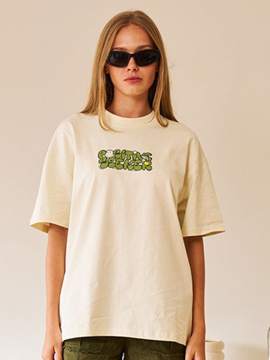 

Bonkers Corner Women Typography Printed Round Neck Cotton Oversized T-shirt, Cream
