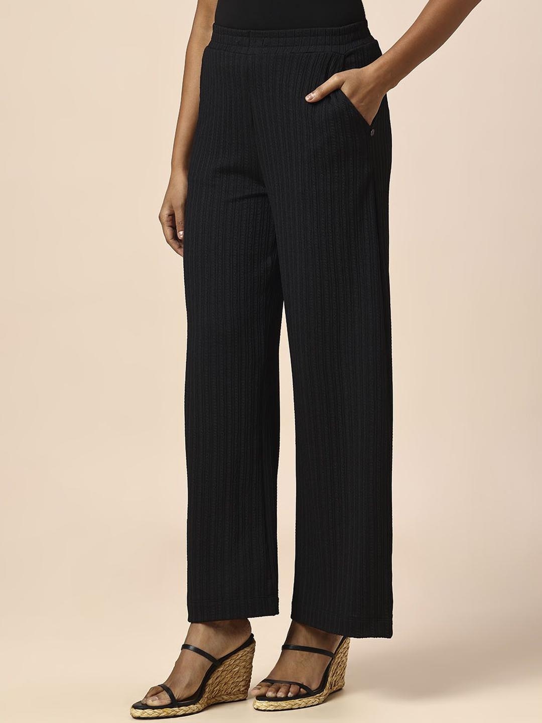 

Chemistry Women Striped Slip-On Straight Fit Parallel Trousers, Black
