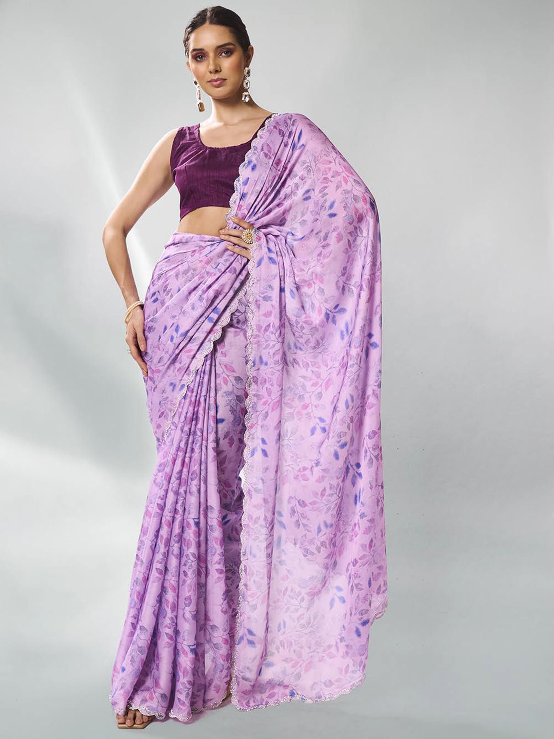 

Kalista Embellished Beads and Stones Satin Ready to Wear Saree, Lavender