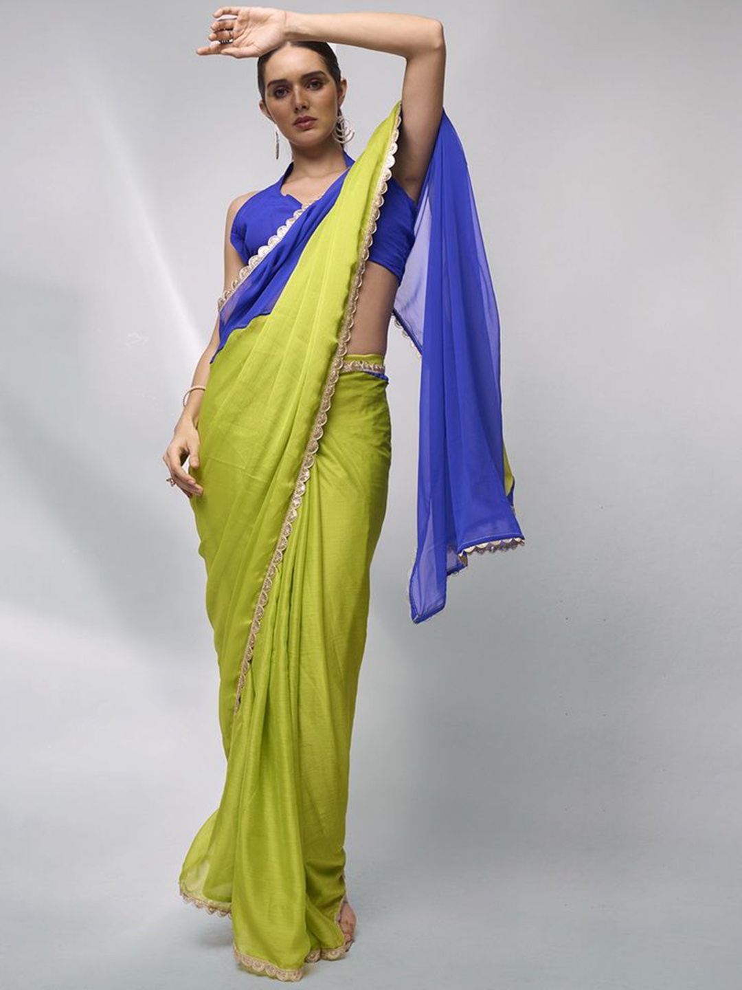 

Kalista Colourblocked Sequinned Pure Chiffon Ready to Wear Saree, Fluorescent green