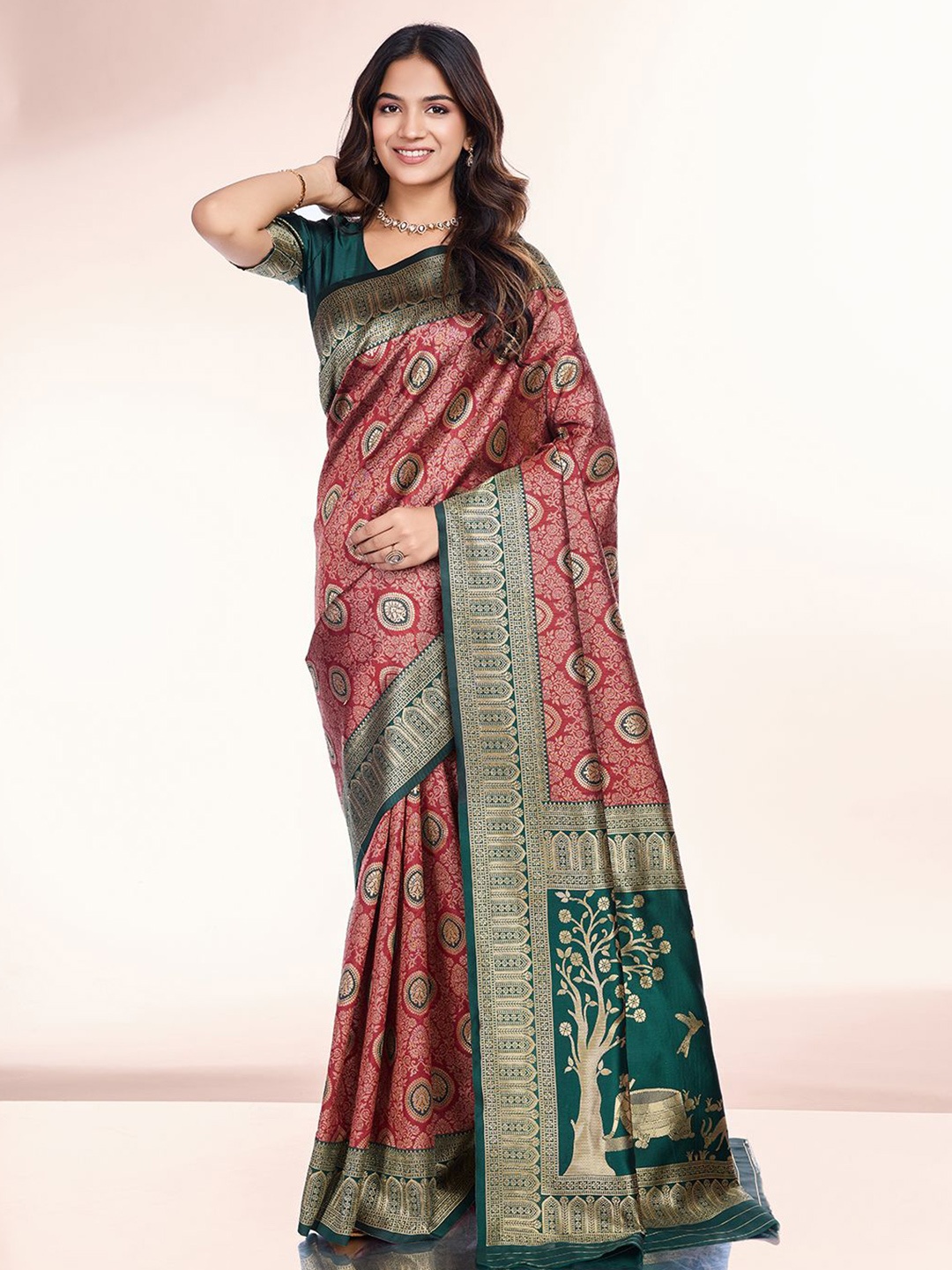 

RICH & ROMAN Woven Design Zari Pure Silk Banarasi Saree, Maroon