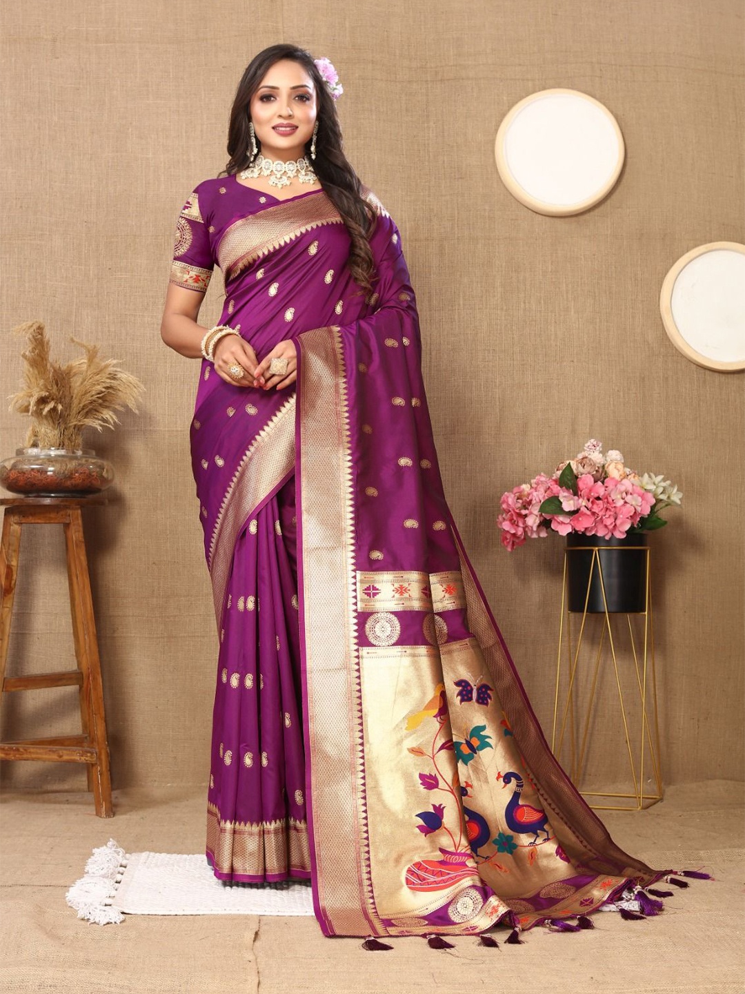 

KALINDI Woven Design Zari Paithani Saree, Purple