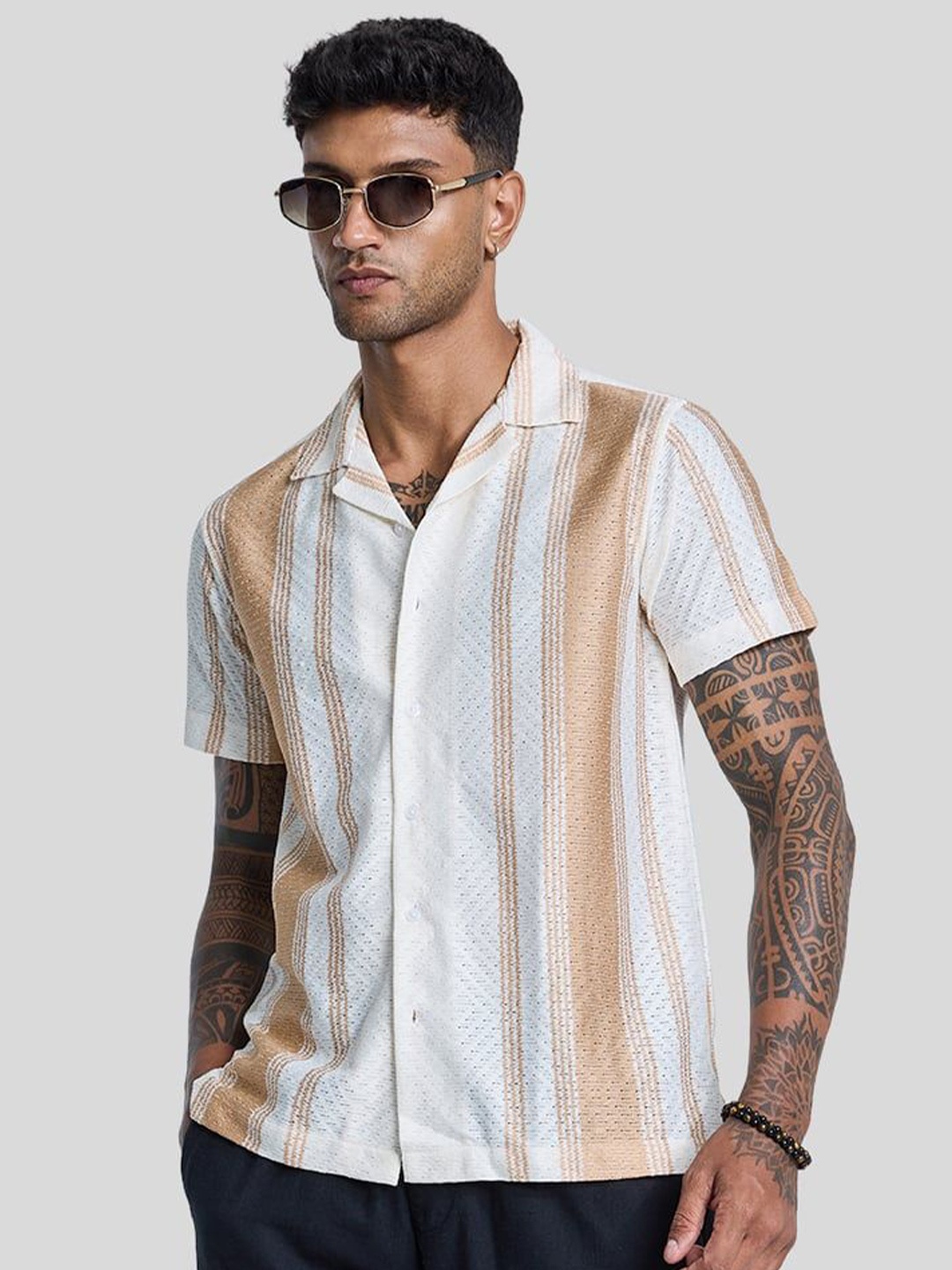 

Snitch Men Smart Cuban Collar Vertical Striped Cotton Casual Shirt, White