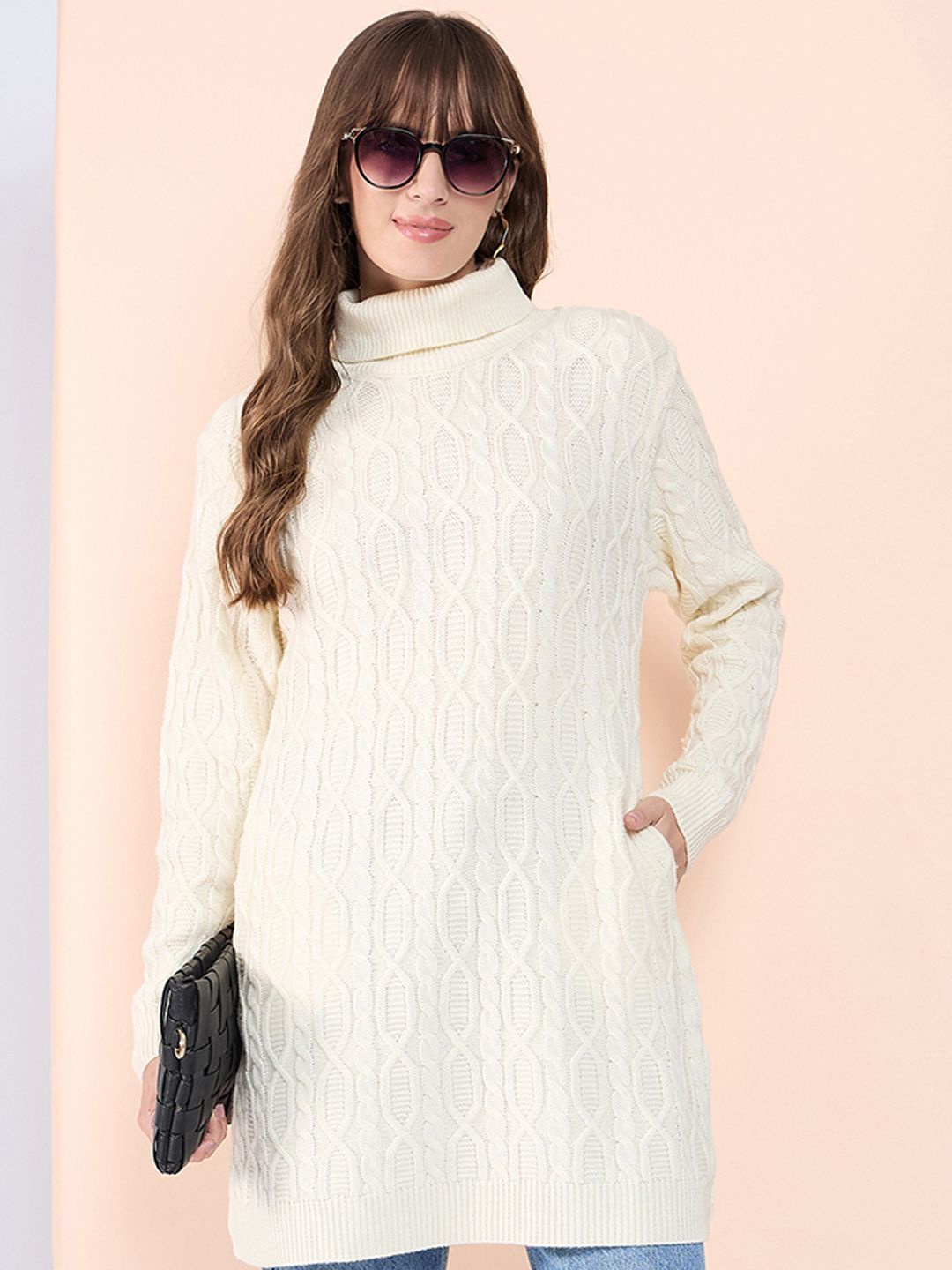 

CLAPTON Women Woollen Self Design Sweaters, Cream