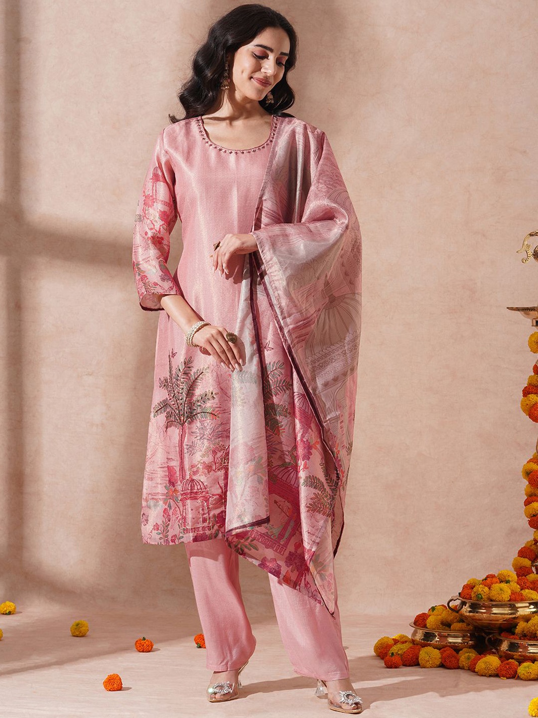 

FASHOR Straight Thread Work Kurta with Trousers & Dupatta, Pink