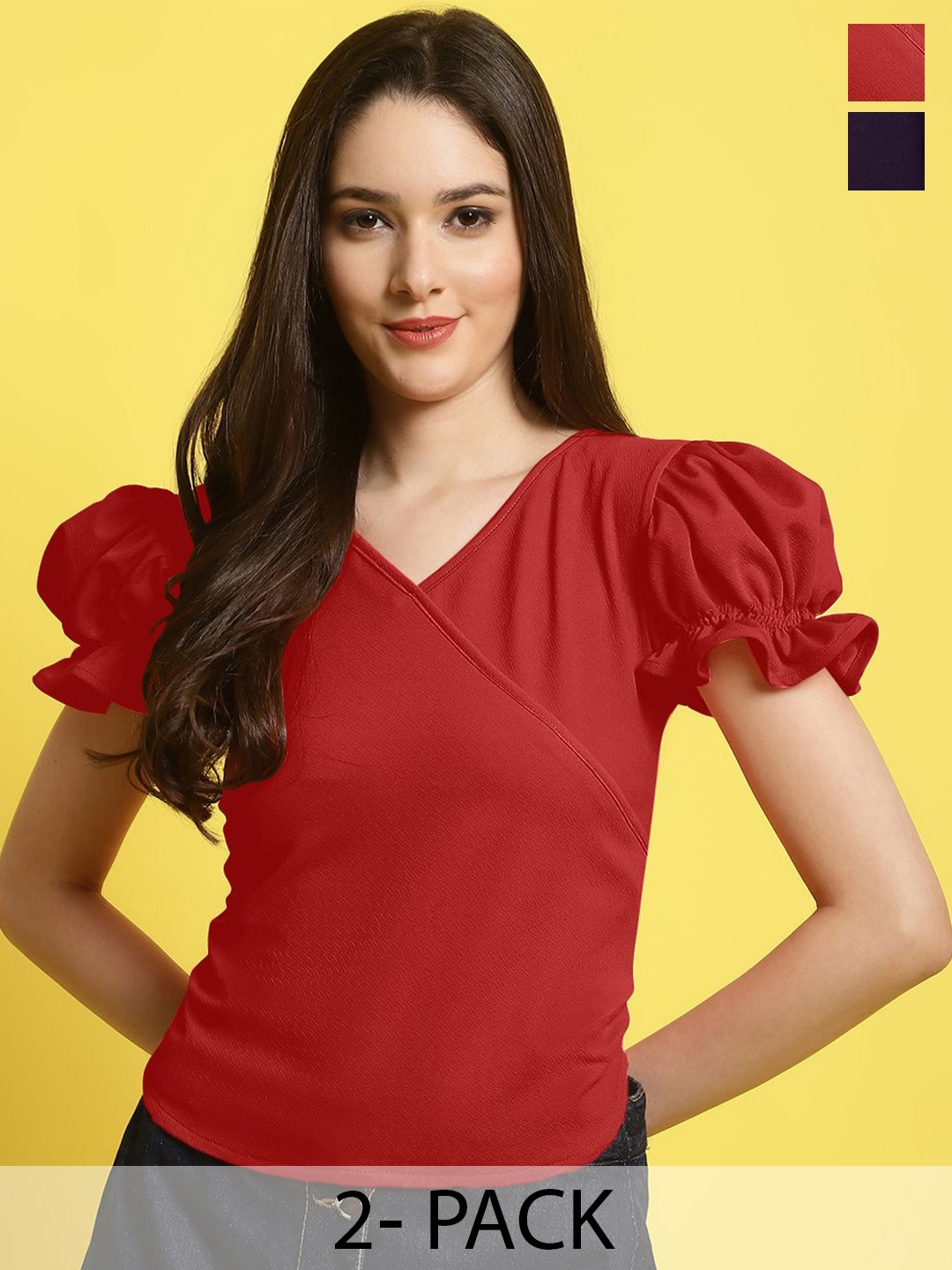 

Metronaut Women Pack Of 2 V-Neck Crop Top, Red