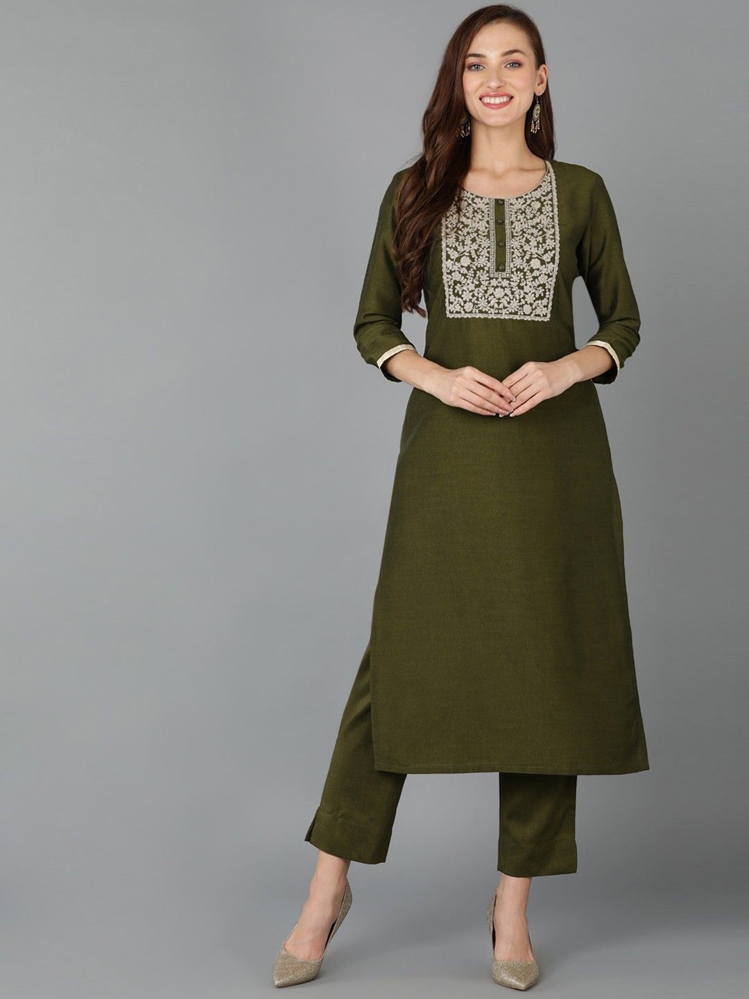 

AHIKA Floral Embroidered Thread Work Regular Straight Kurta, Olive