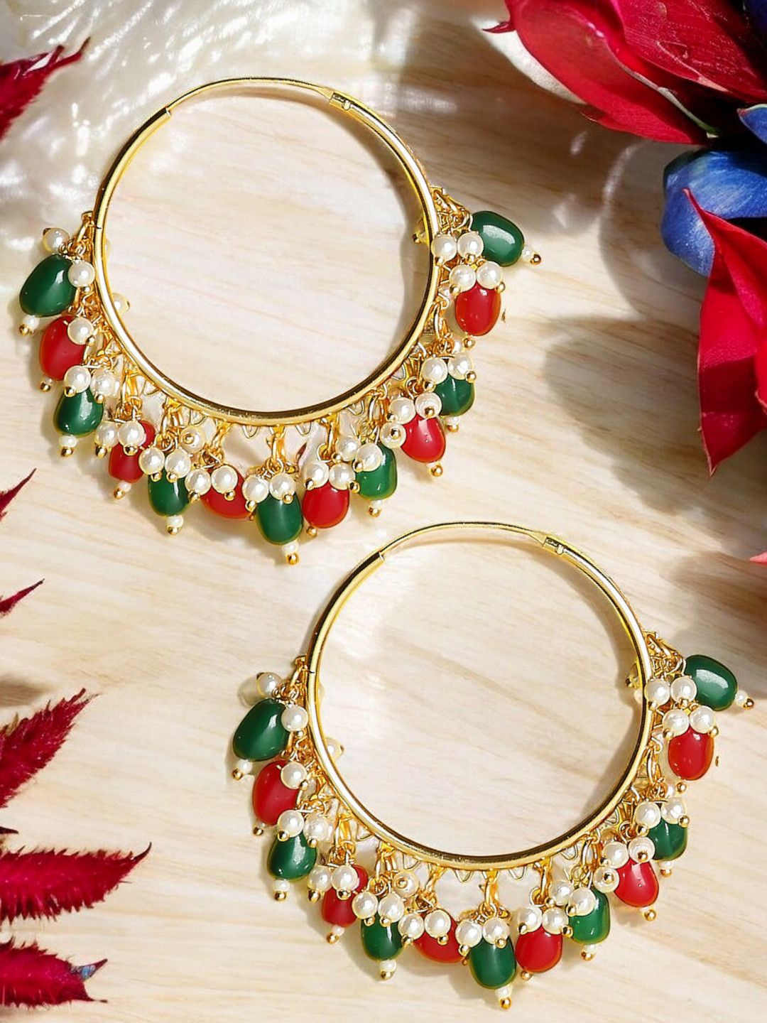 

OOMPH Beaded Floral Hoop Earrings, Red