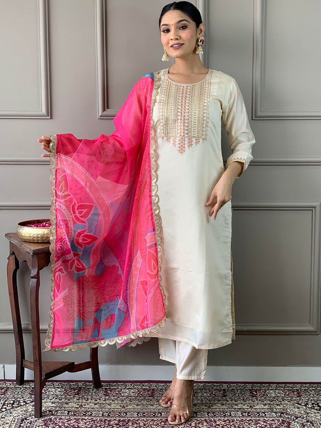 

KALINI Floral Embroidered Sequinned Chanderi Silk Kurta with Trouser & Dupatta, Cream